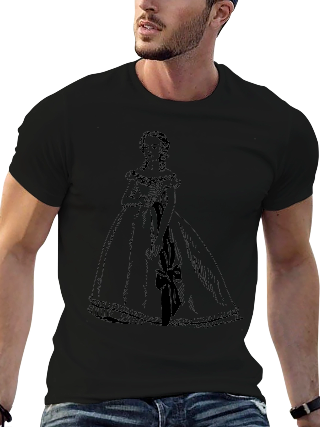 Elegant Black T-Shirt with Victorian Dress Design