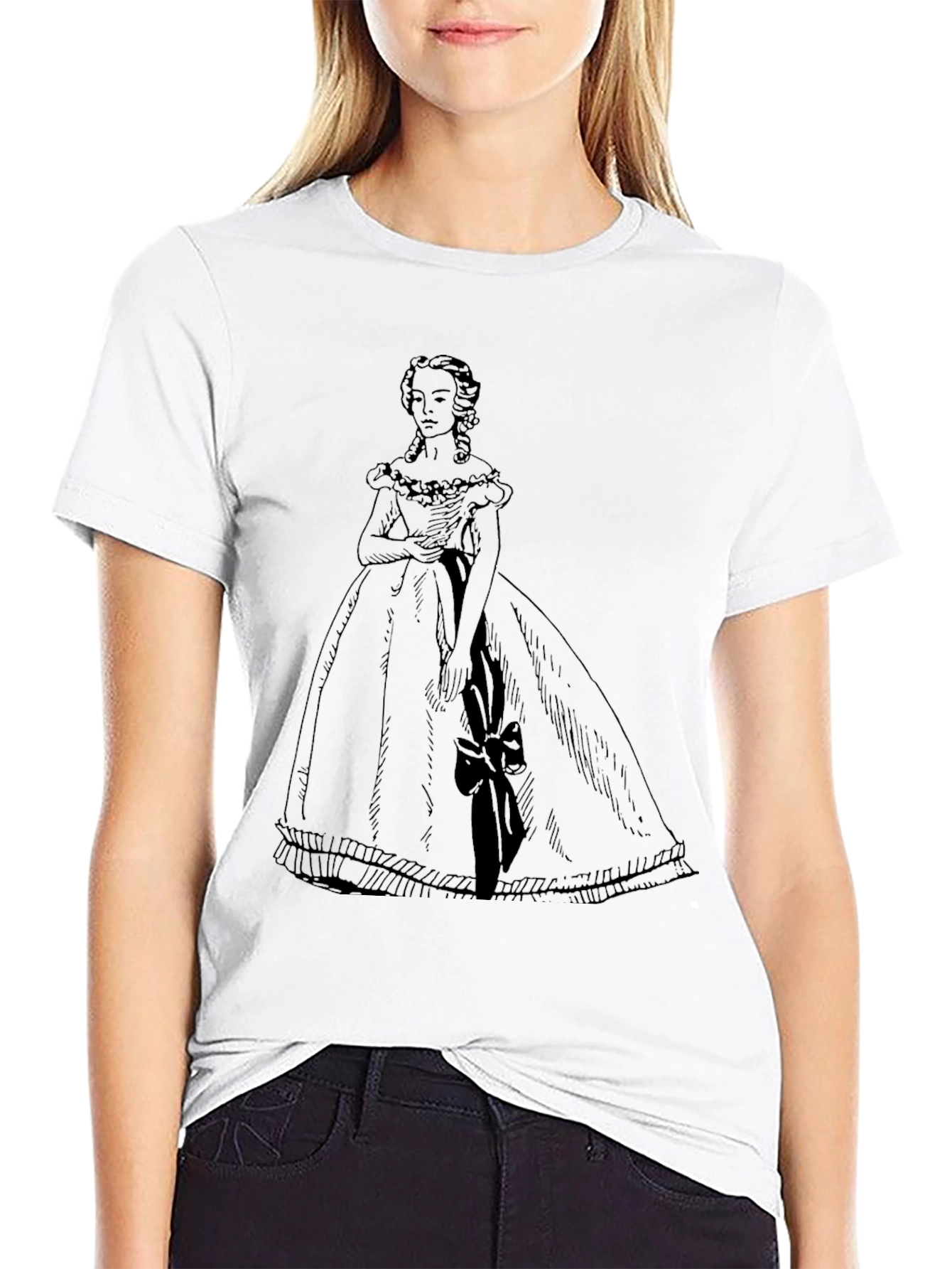 Elegant Black T-Shirt with Victorian Dress Design