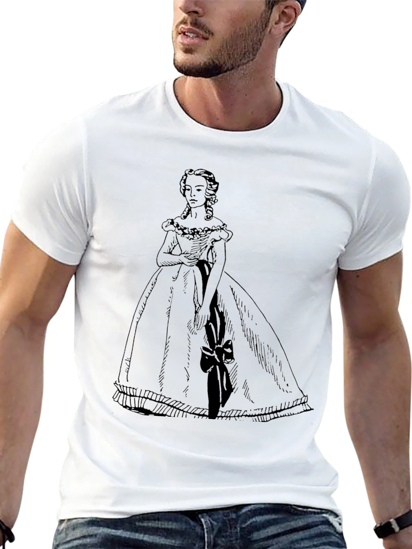 Elegant Black T-Shirt with Victorian Dress Design