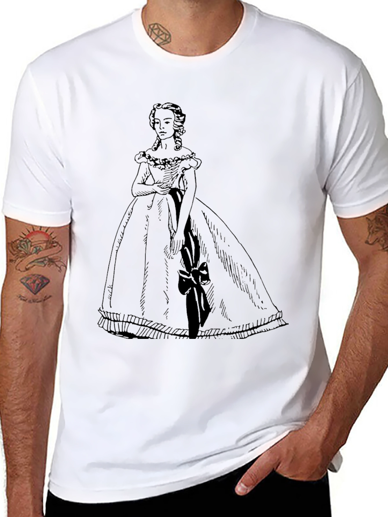 Elegant Black T-Shirt with Victorian Dress Design