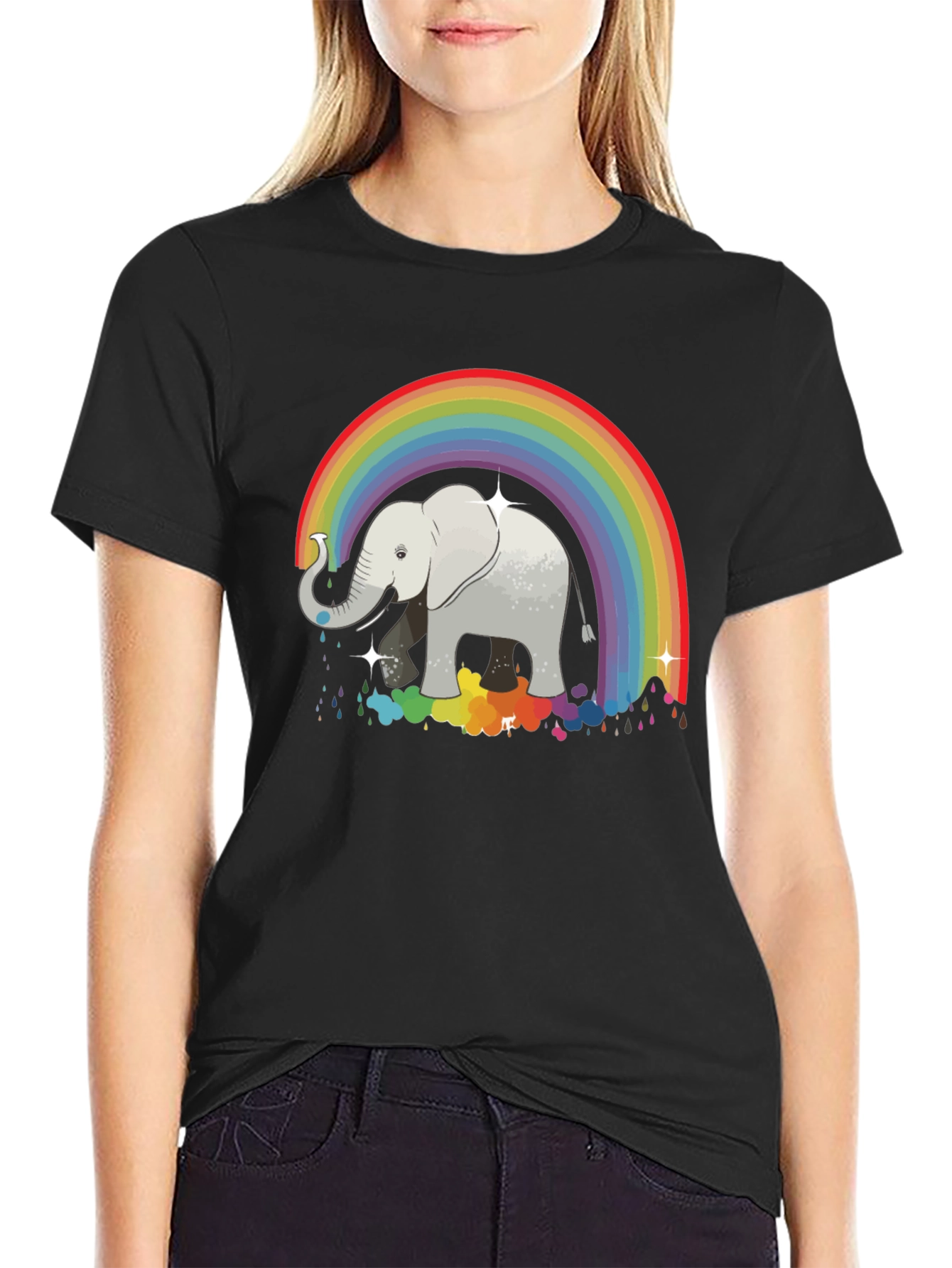 Rainbow Elephant Graphic Tee - Black Cotton Comfort