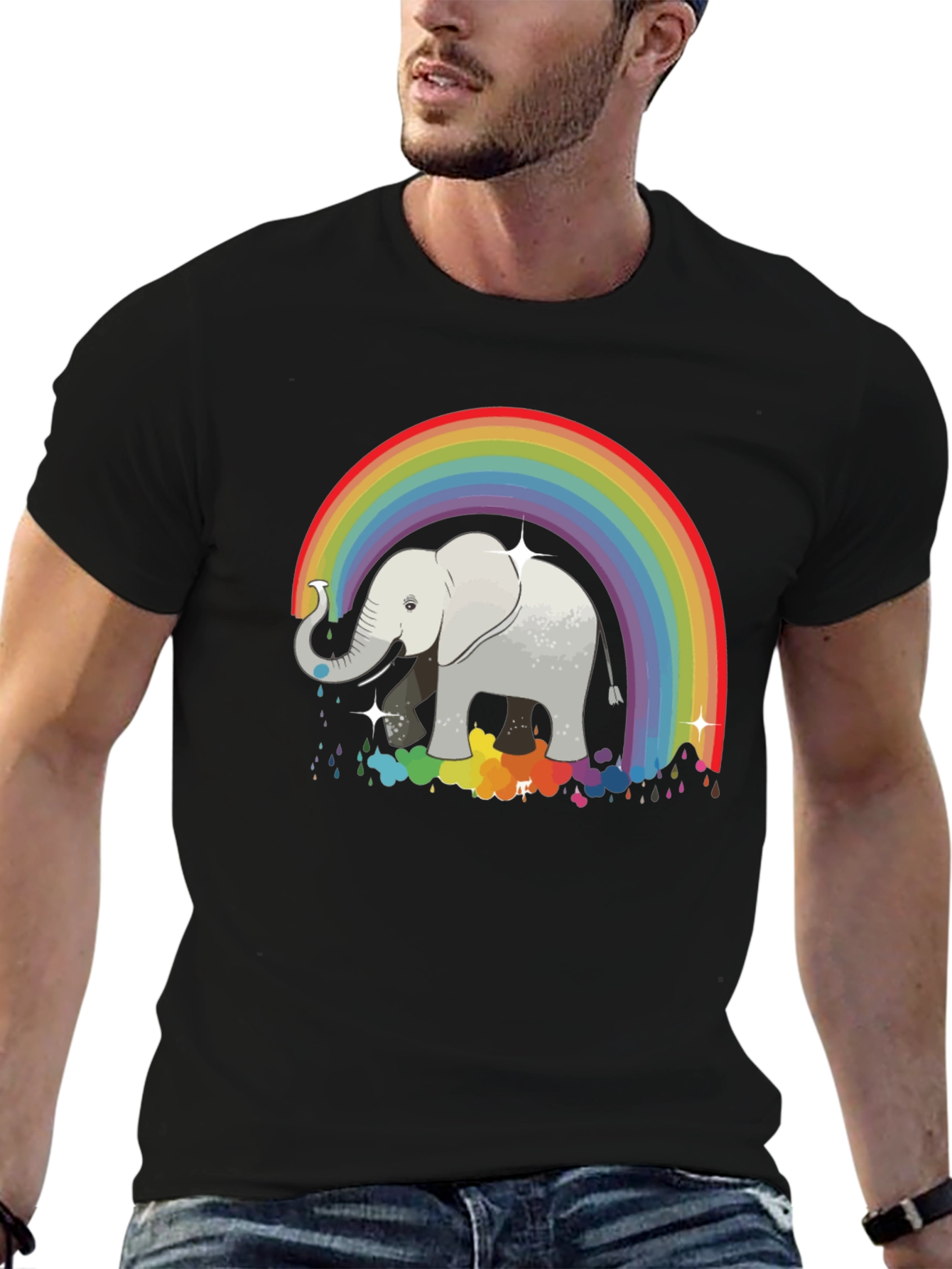 Rainbow Elephant Graphic Tee - Black Cotton Comfort