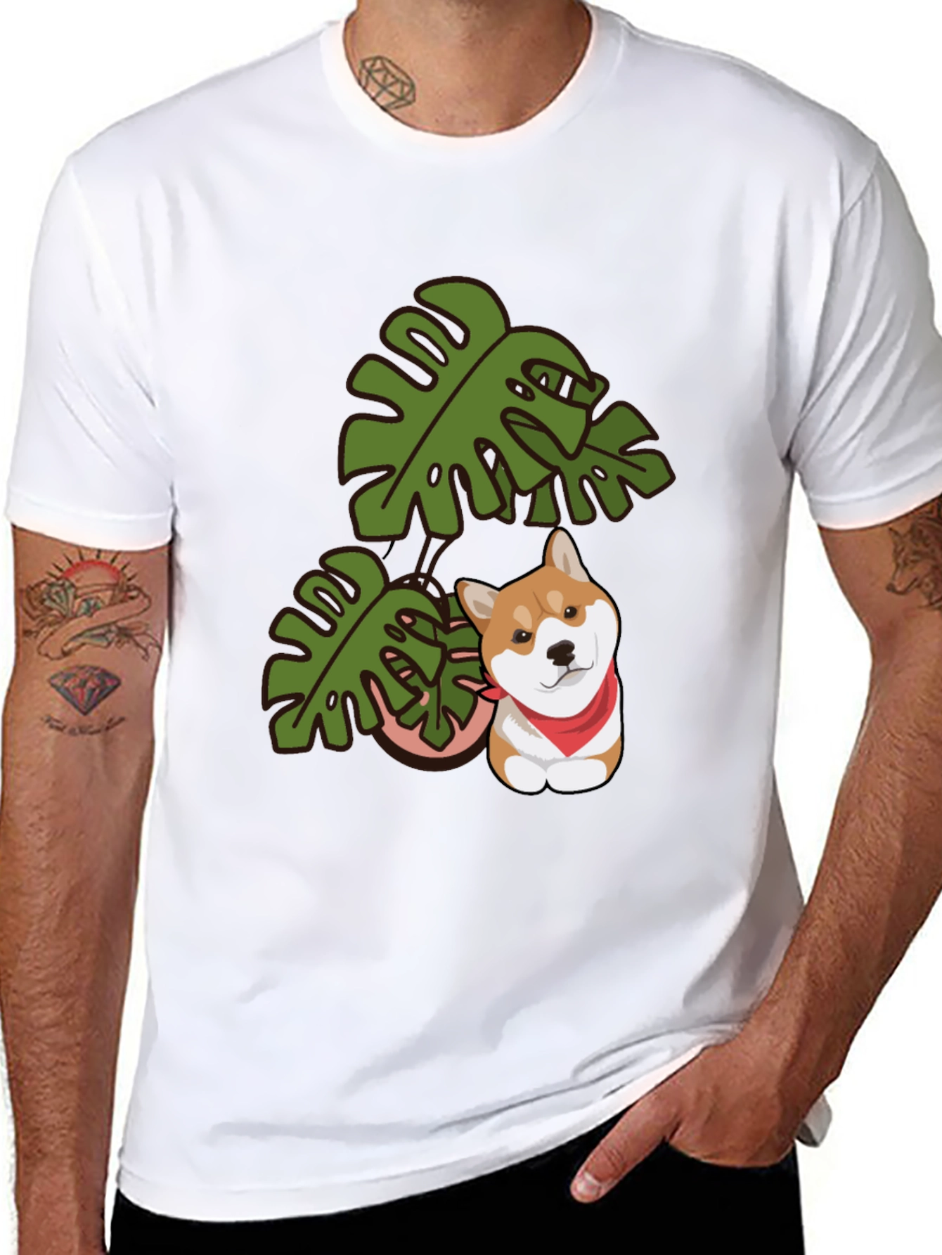 Dog & Monstera Leaf Graphic Tee - Black