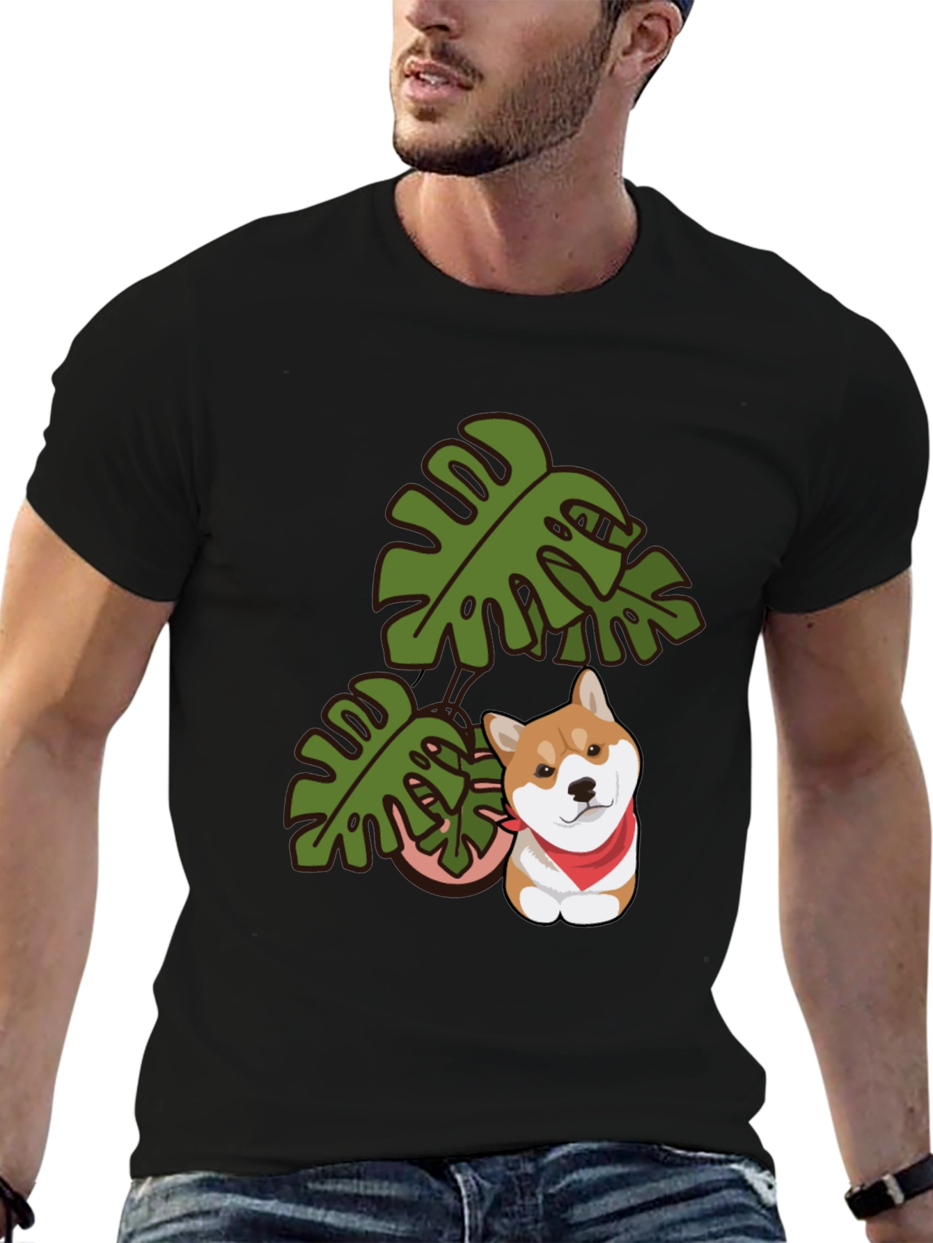 Dog & Monstera Leaf Graphic Tee - Black