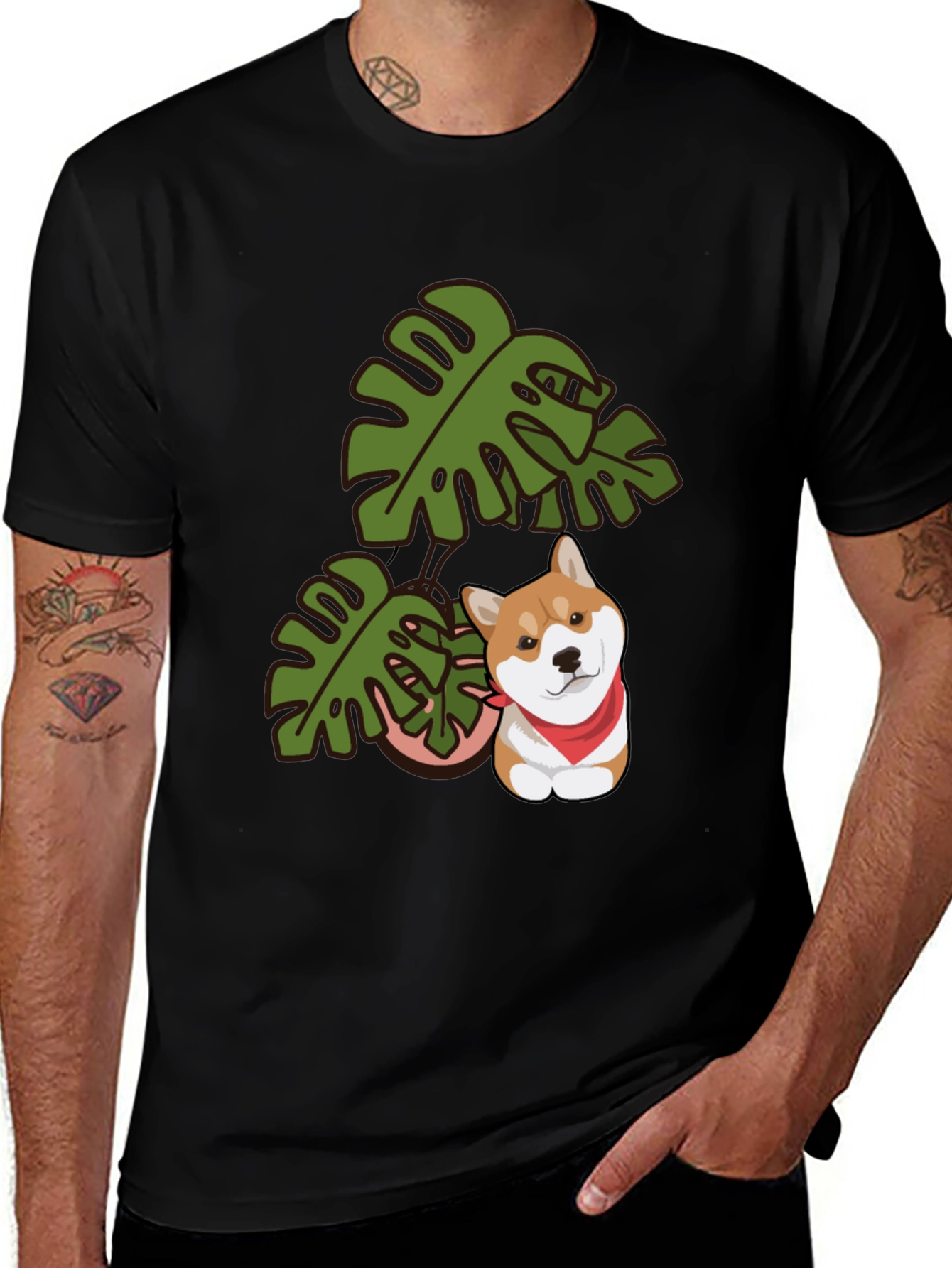 Dog & Monstera Leaf Graphic Tee - Black