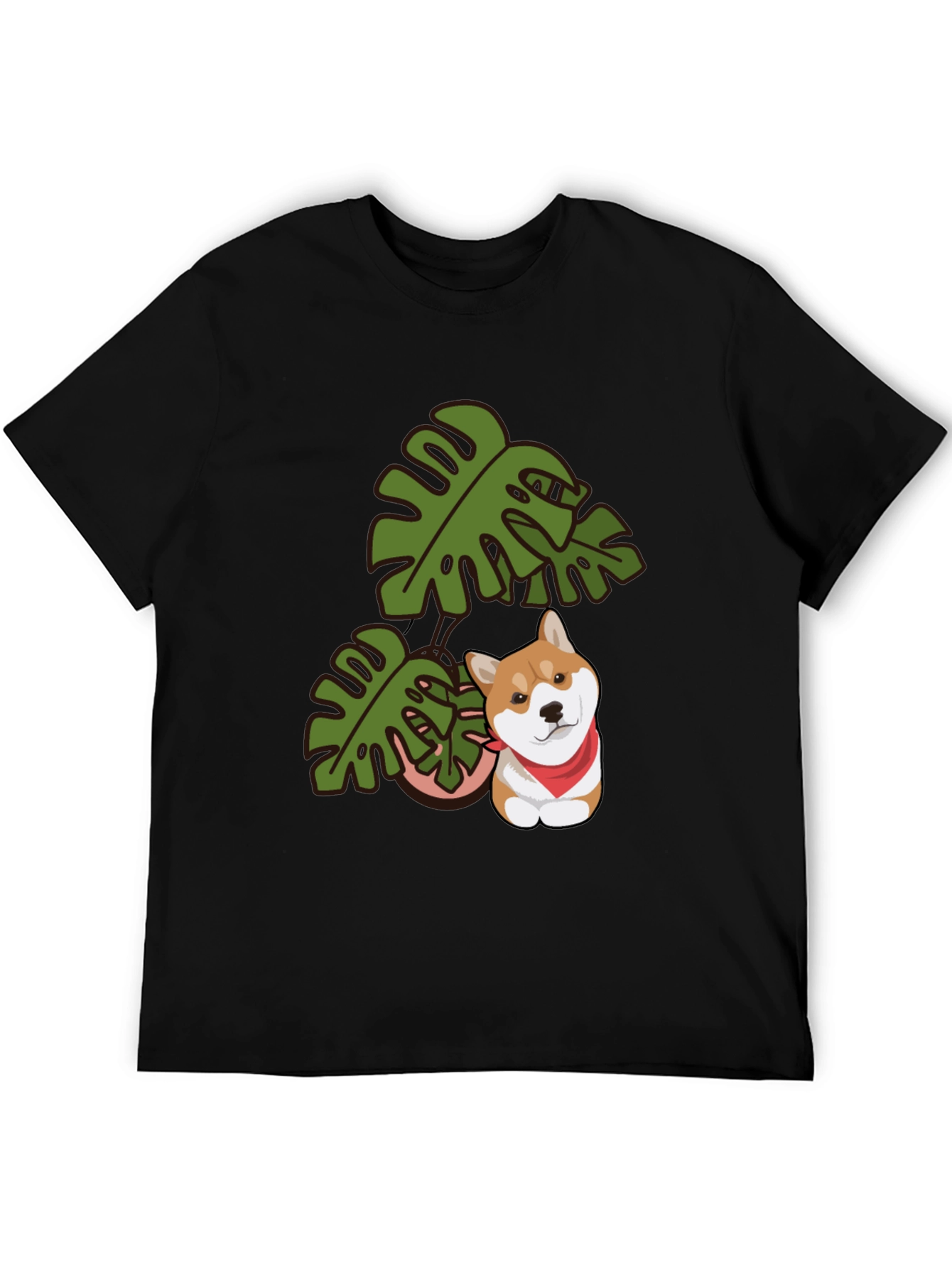 Dog & Monstera Leaf Graphic Tee - Black