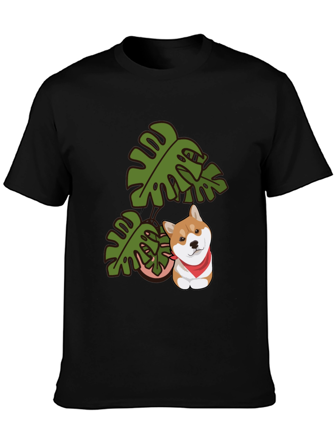 Dog & Monstera Leaf Graphic Tee - Black