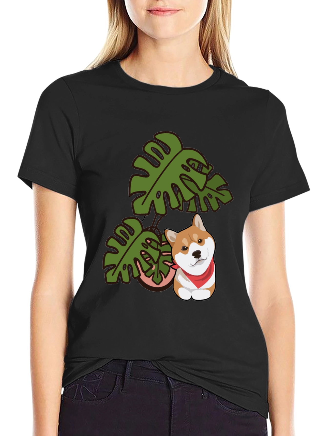 Dog & Monstera Leaf Graphic Tee - Black