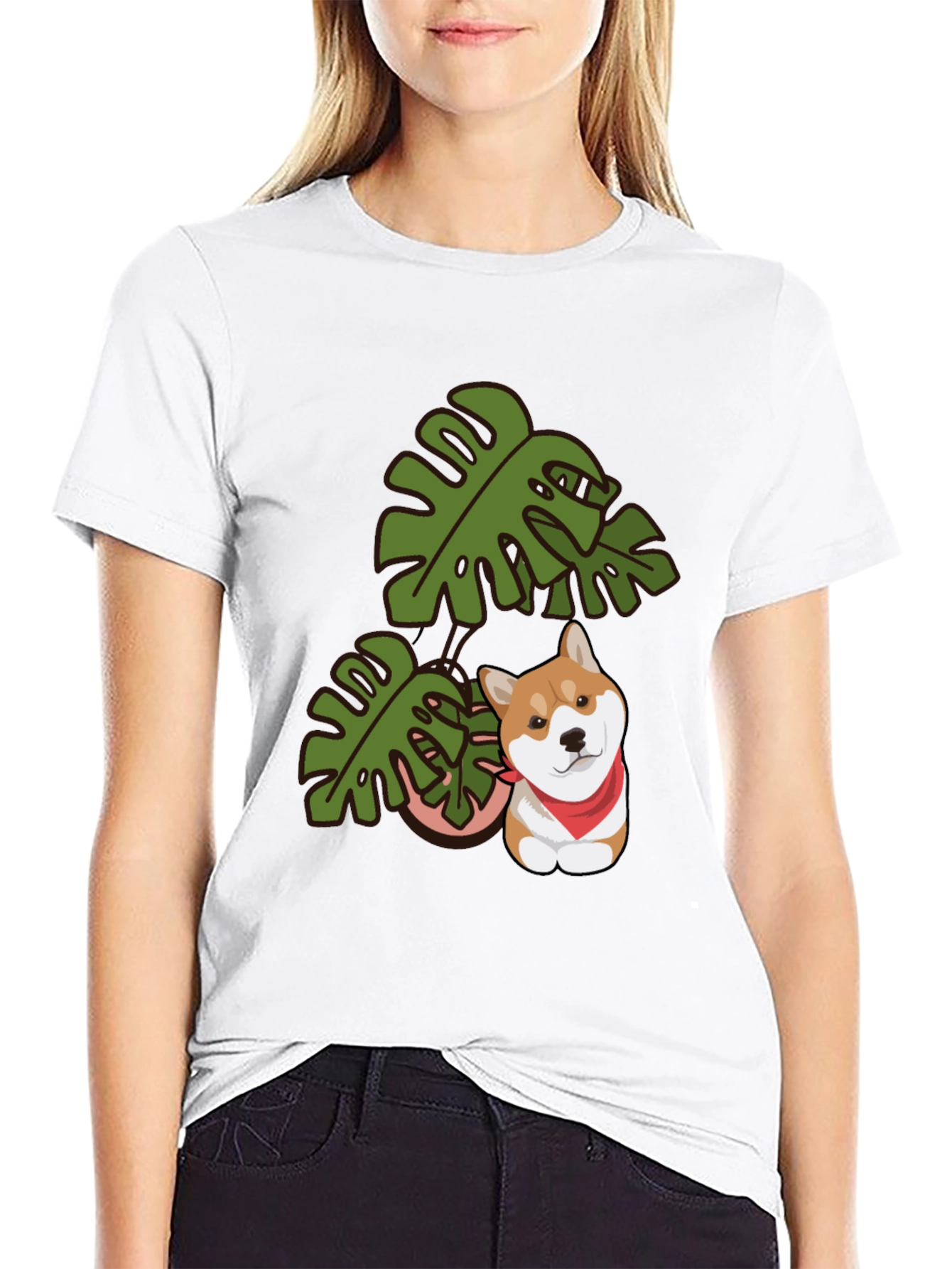 Dog & Monstera Leaf Graphic Tee - Black