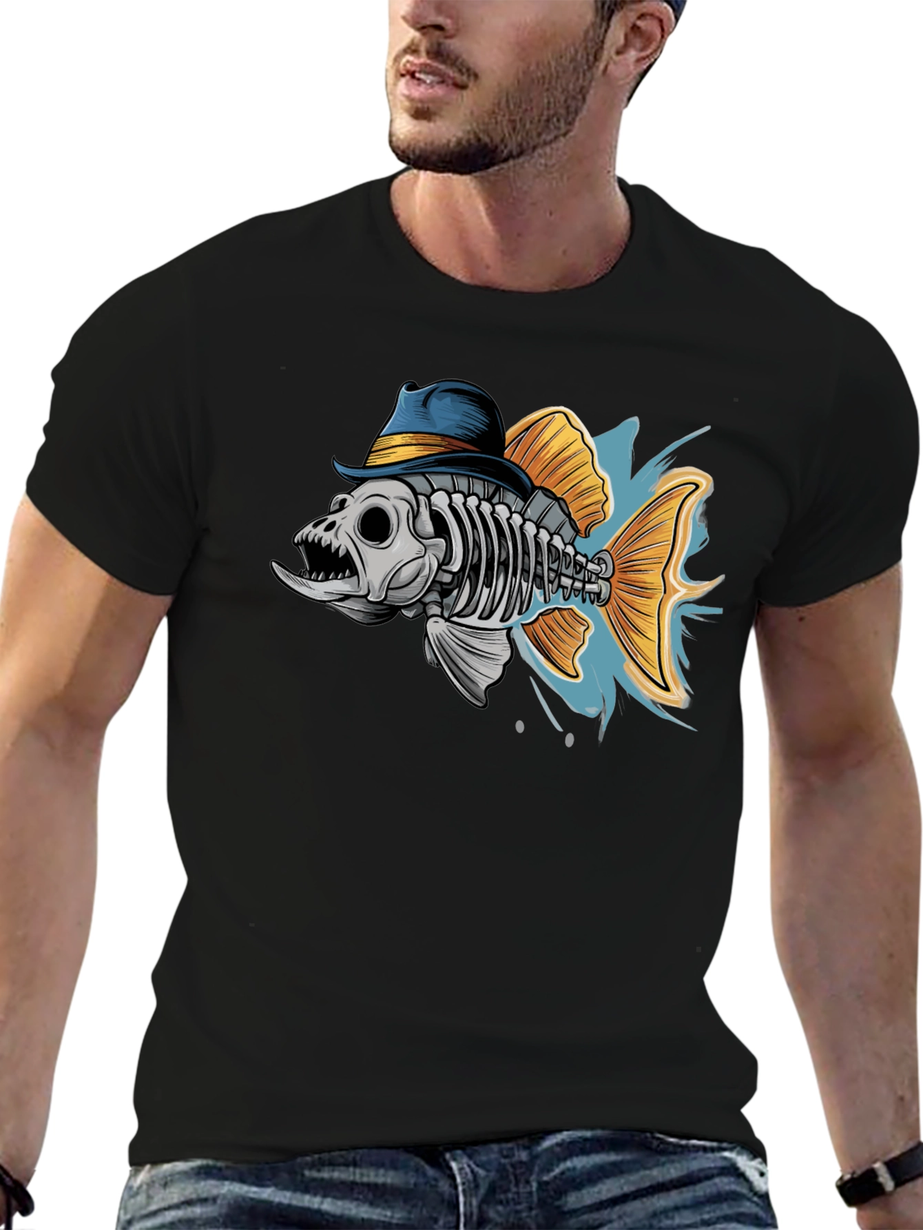 Fish Skeleton in Hat Graphic T-Shirt