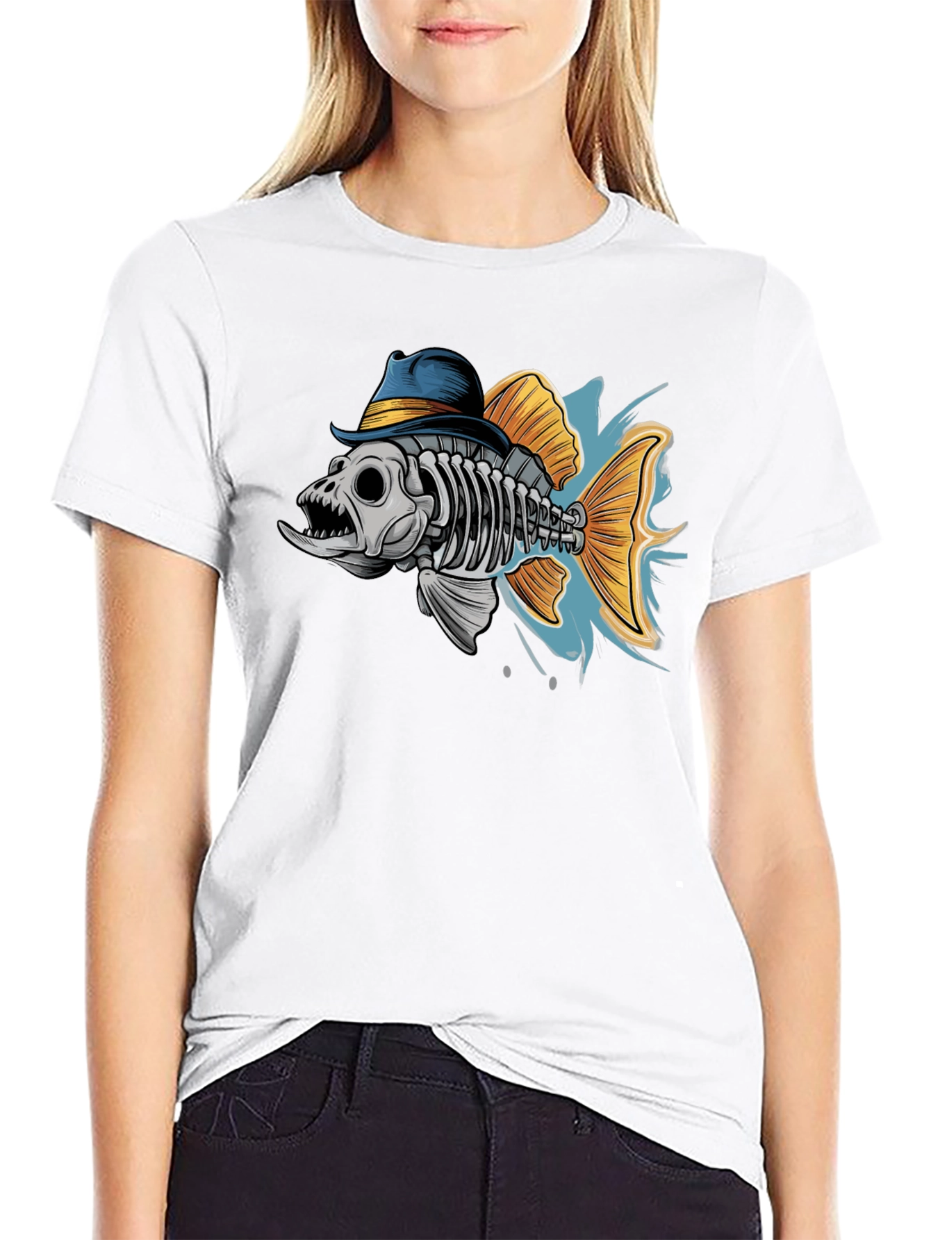 Fish Skeleton in Hat Graphic T-Shirt