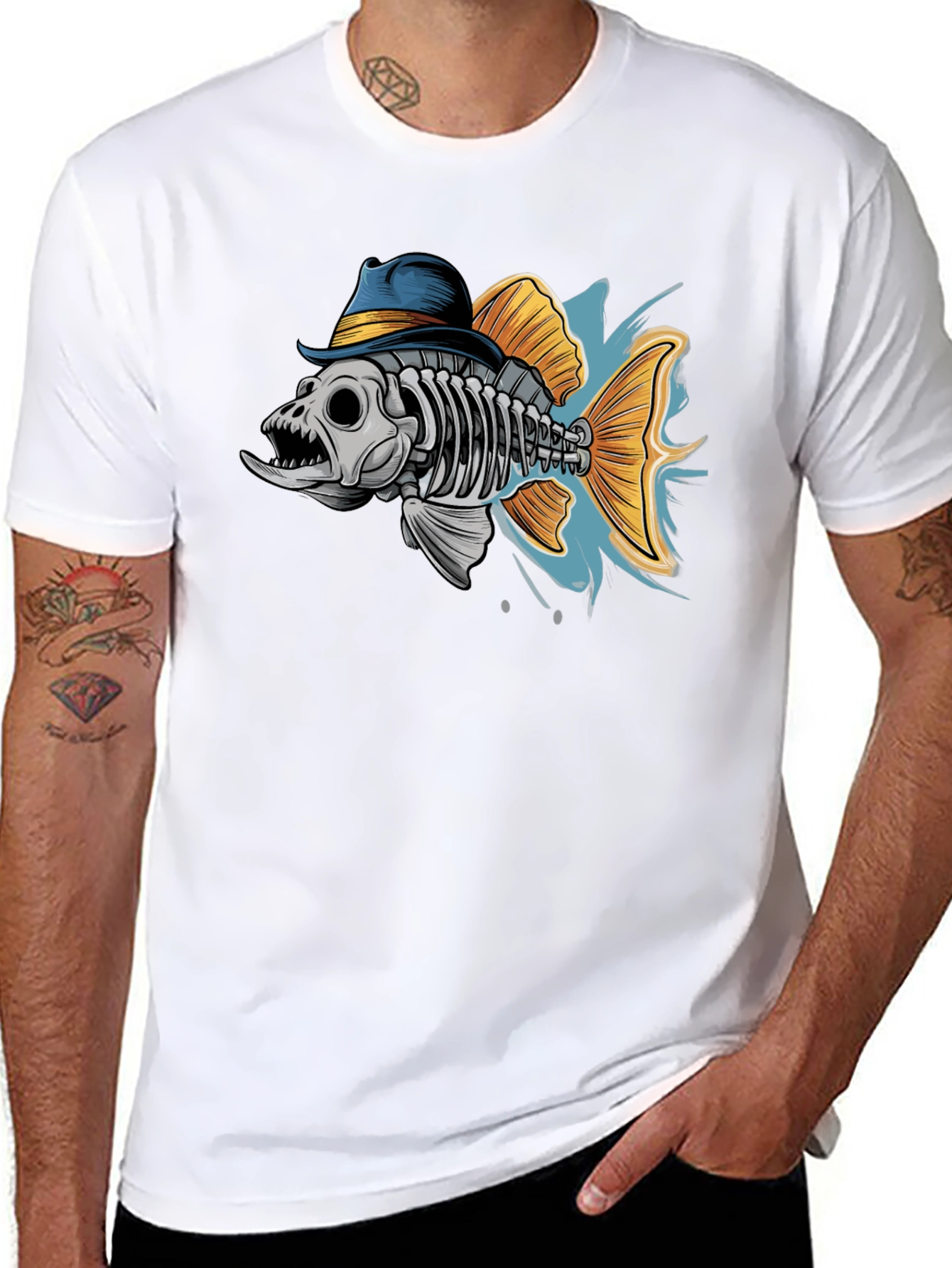 Fish Skeleton in Hat Graphic T-Shirt