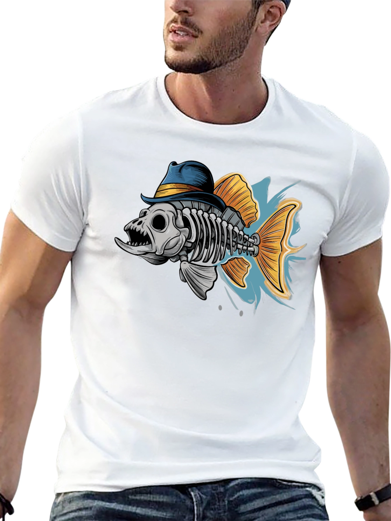Fish Skeleton in Hat Graphic T-Shirt