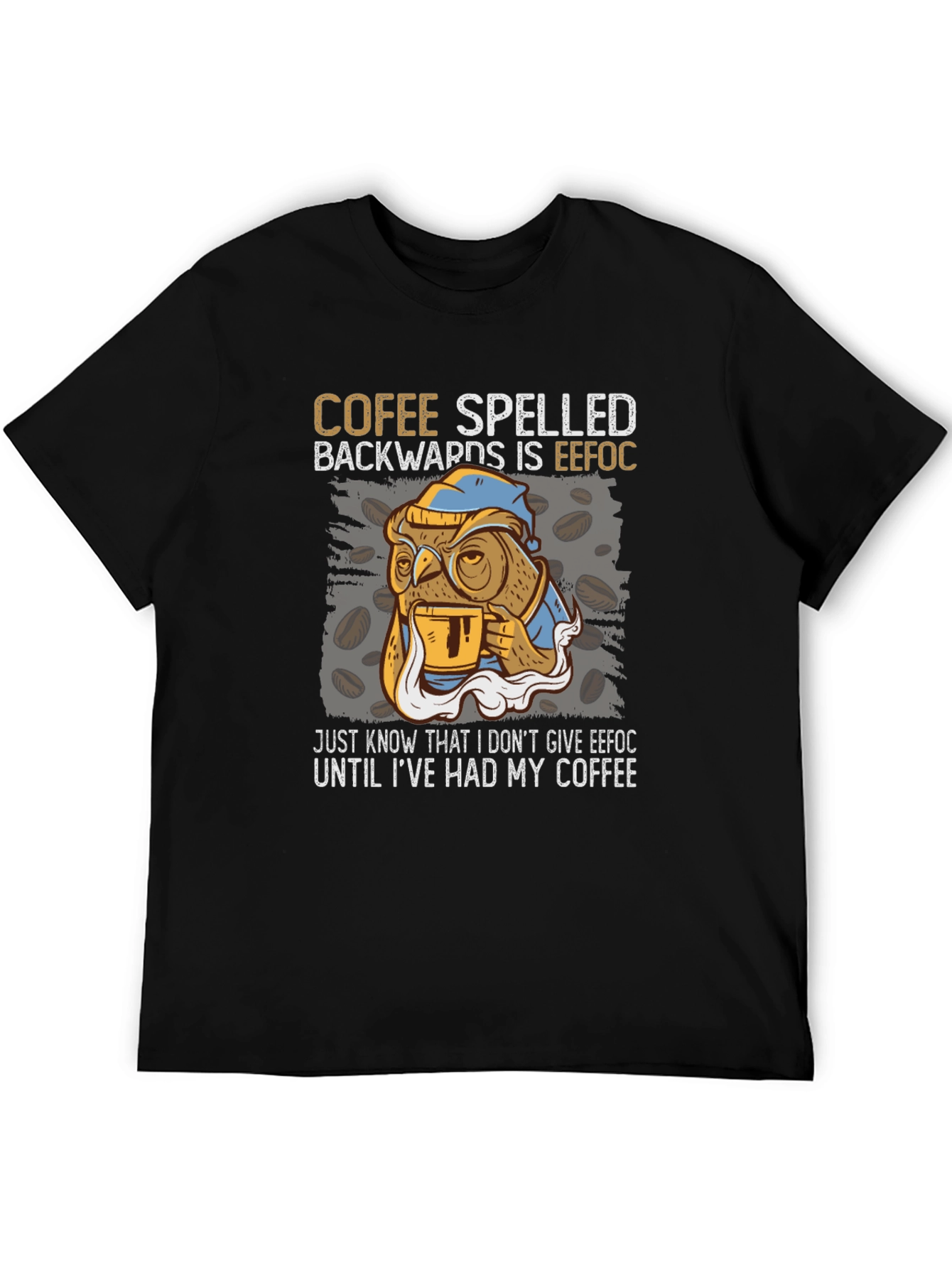 Coffee Owl T-Shirt - Cofee Spelled Backwards Novelty Tee