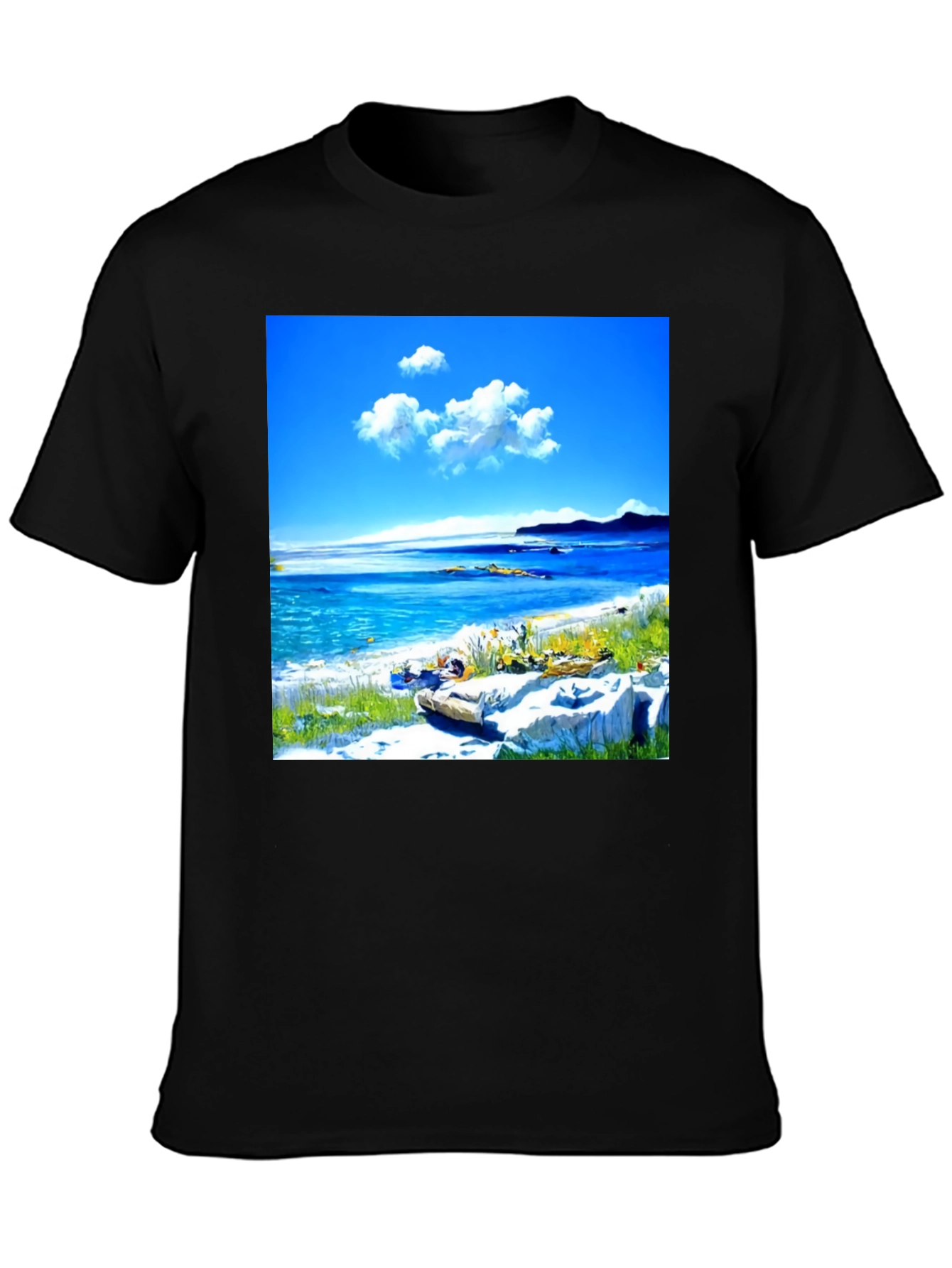Scenic Beach Print Black T-Shirt
