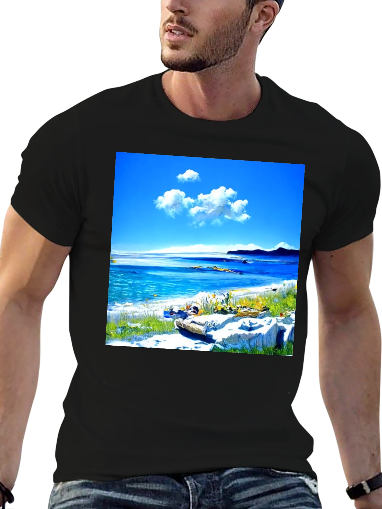Scenic Beach Print Black T-Shirt