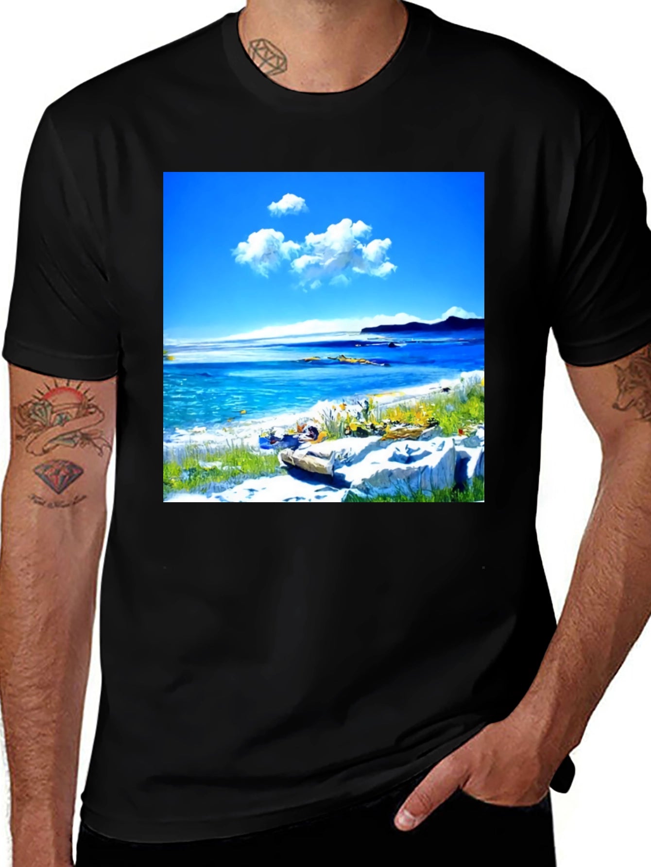 Scenic Beach Print Black T-Shirt