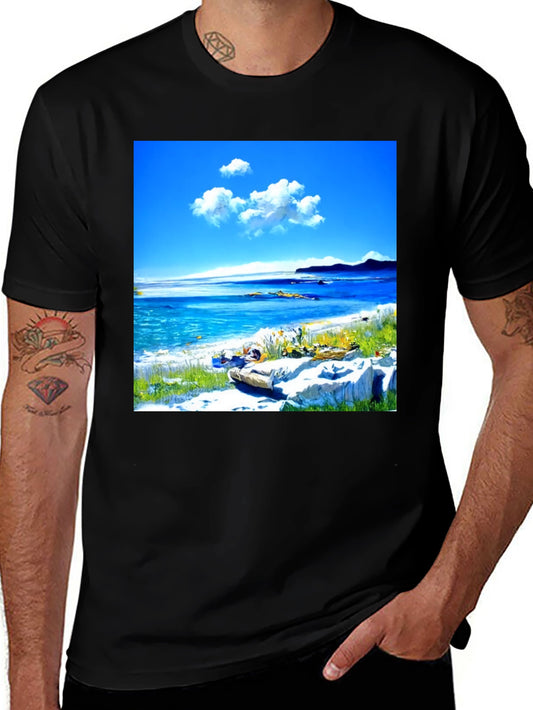 Scenic Beach Print Black T-Shirt