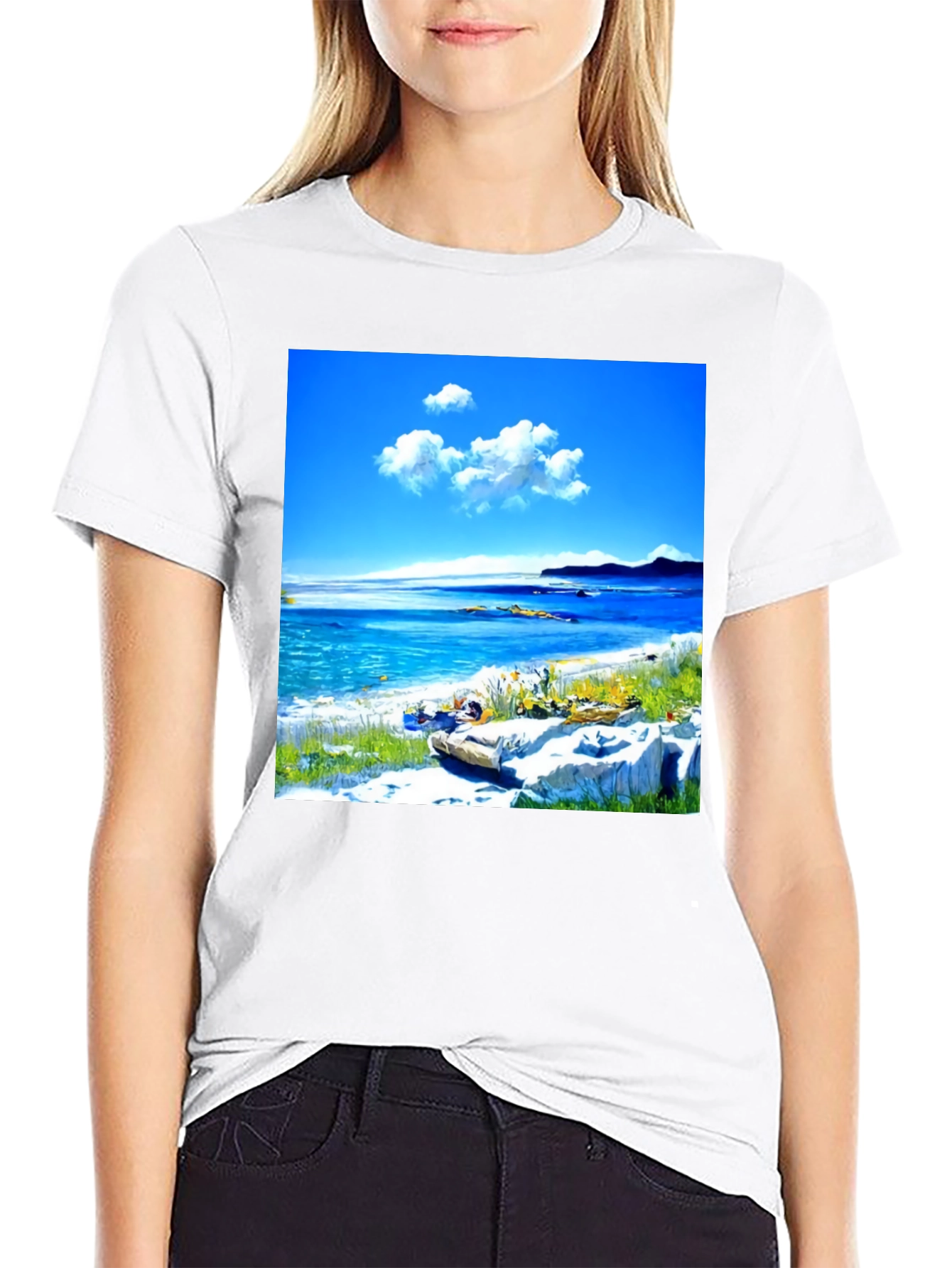 Scenic Beach Print Black T-Shirt