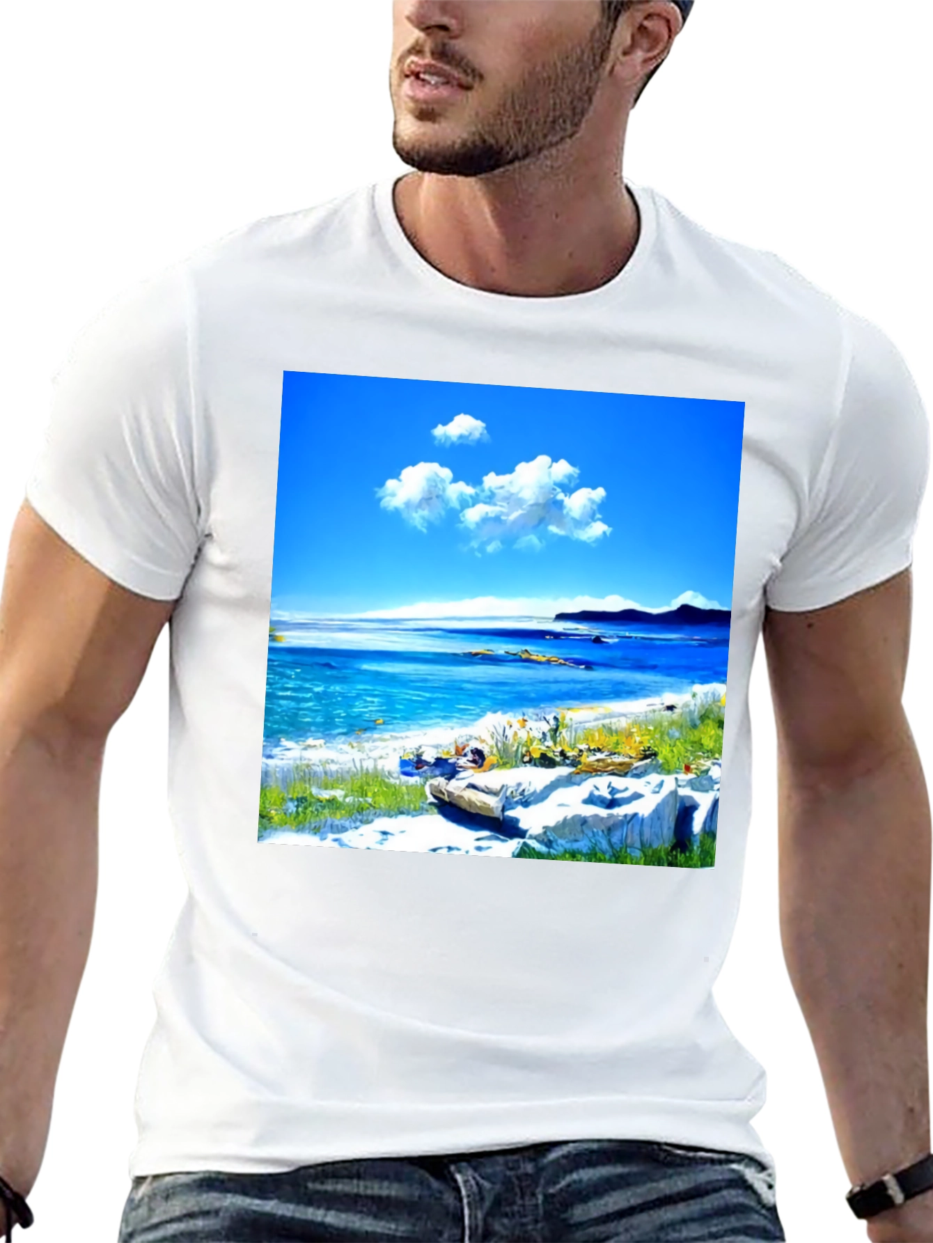 Scenic Beach Print Black T-Shirt