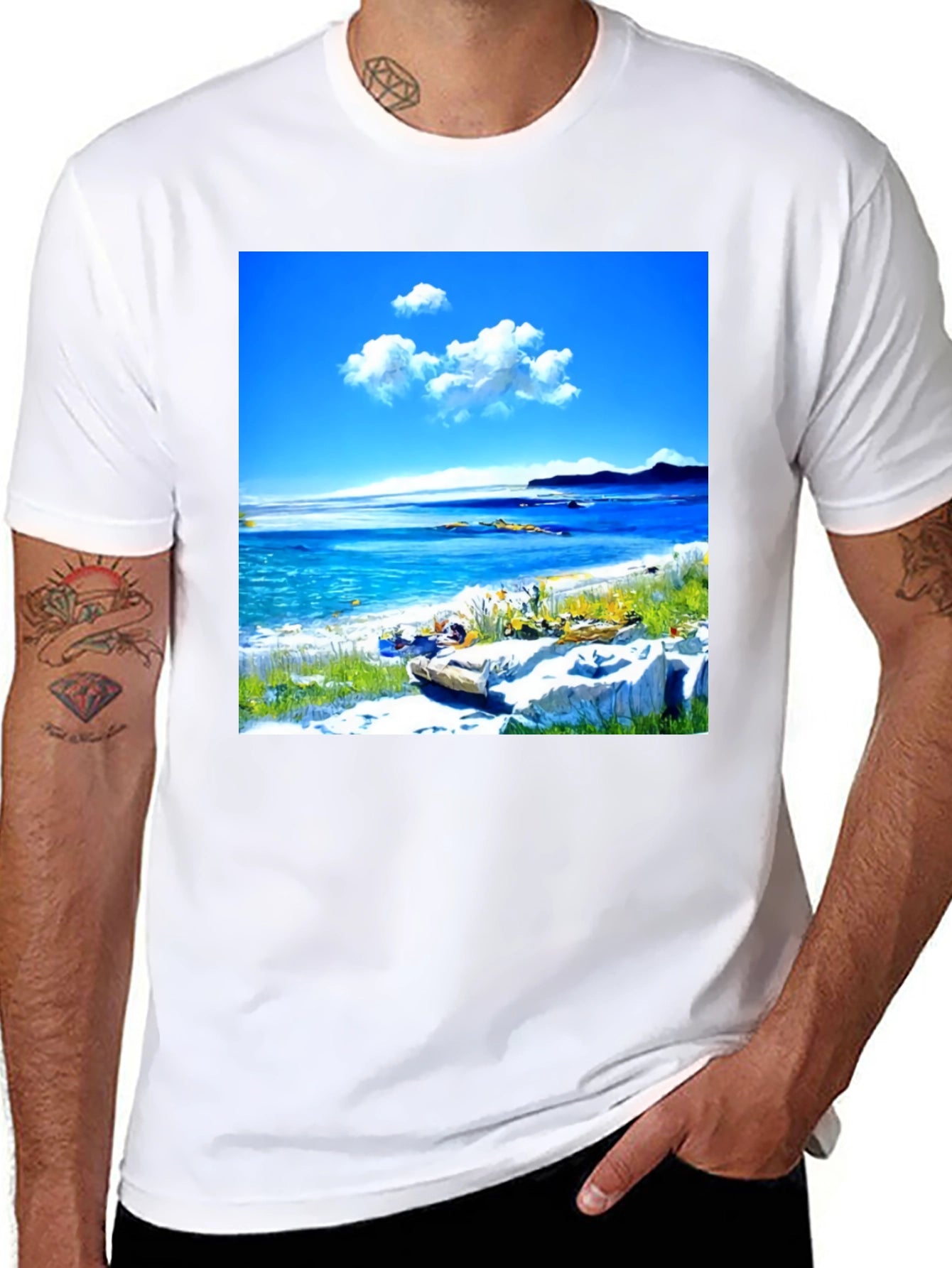 Scenic Beach Print Black T-Shirt