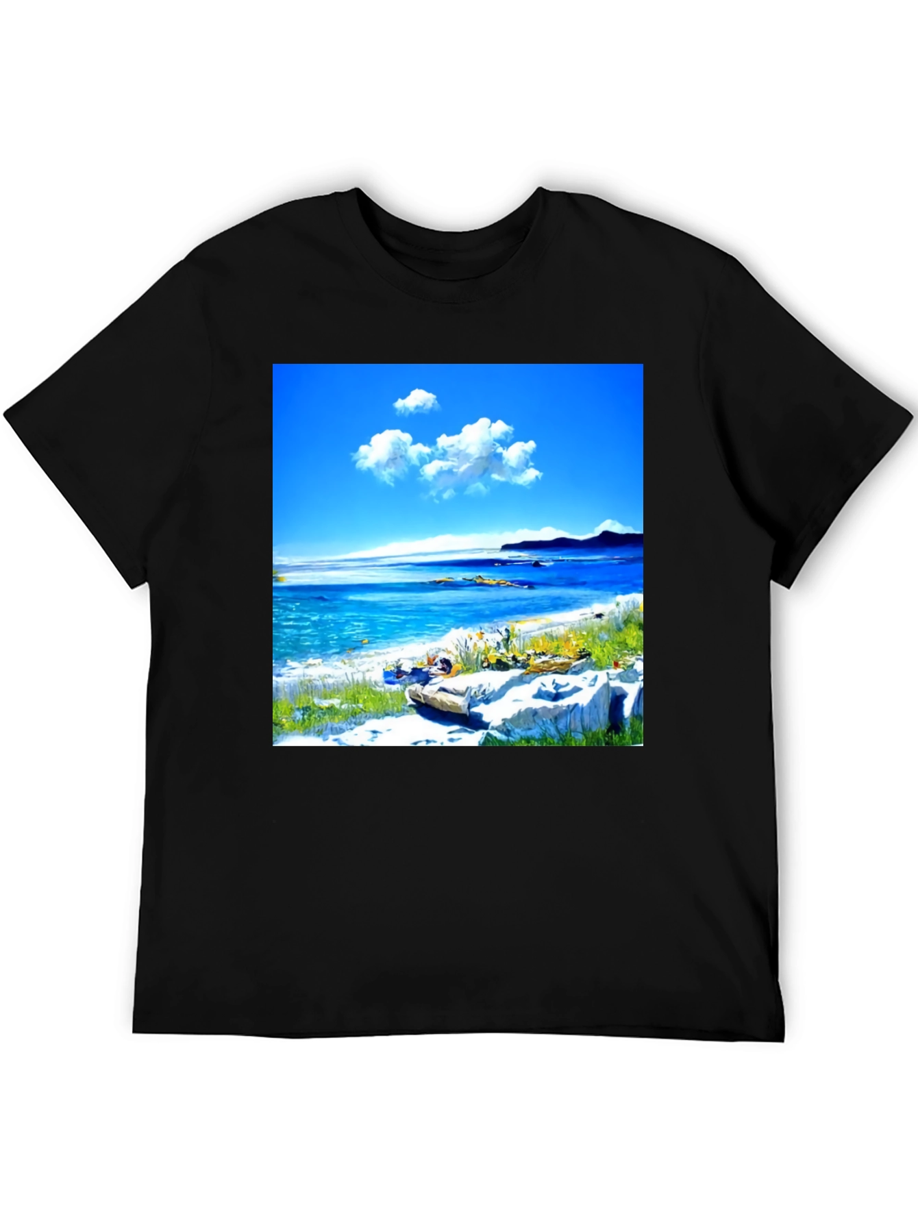 Scenic Beach Print Black T-Shirt