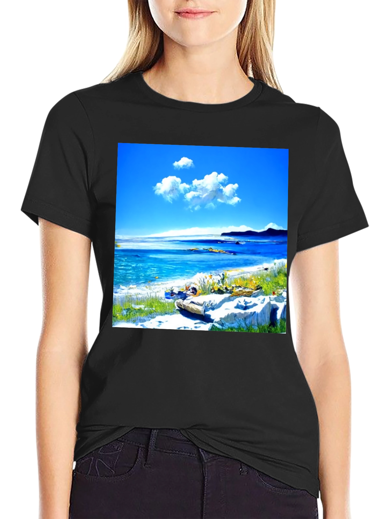 Scenic Beach Print Black T-Shirt