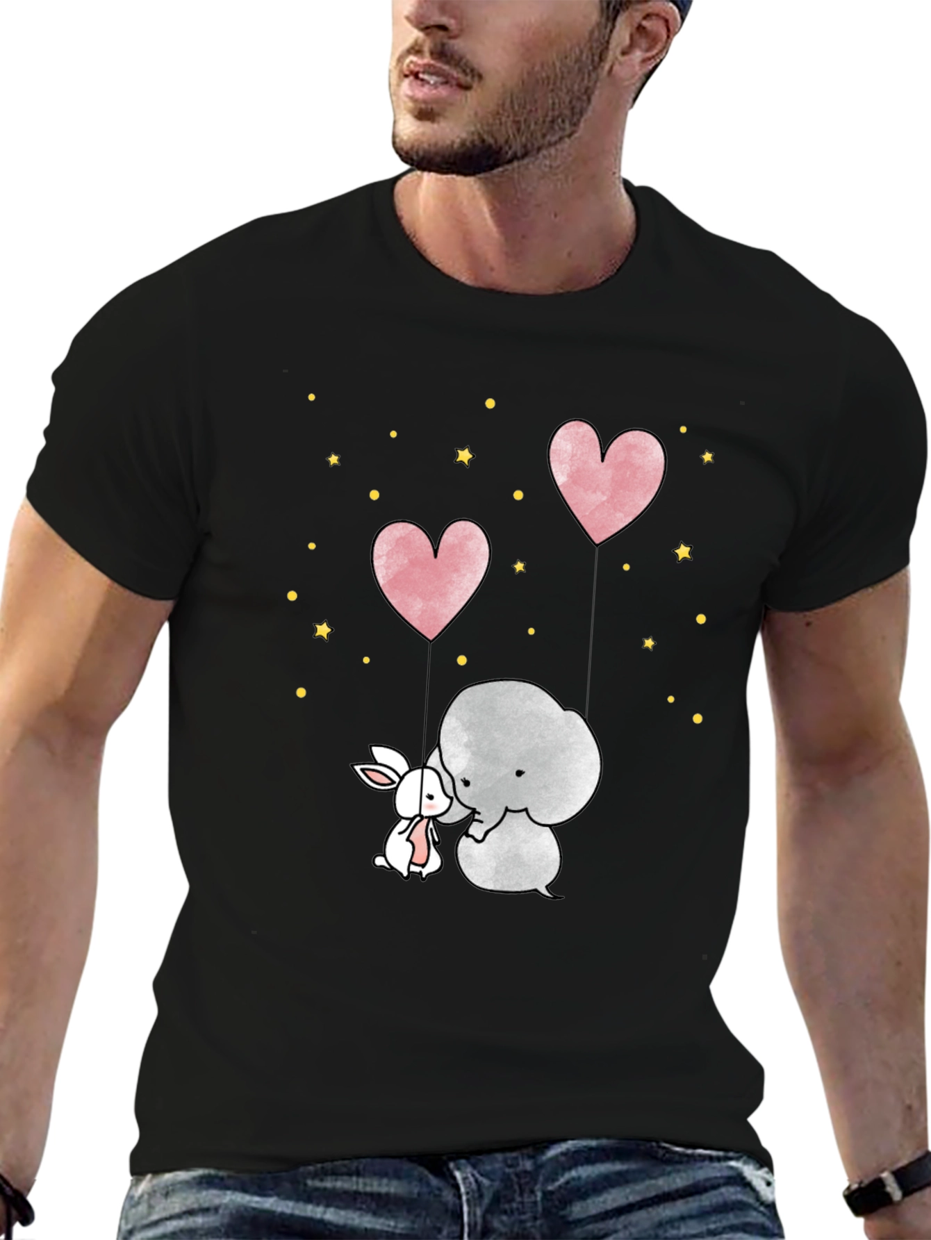Cute Elephant & Bunny Heart Balloon Black T-Shirt