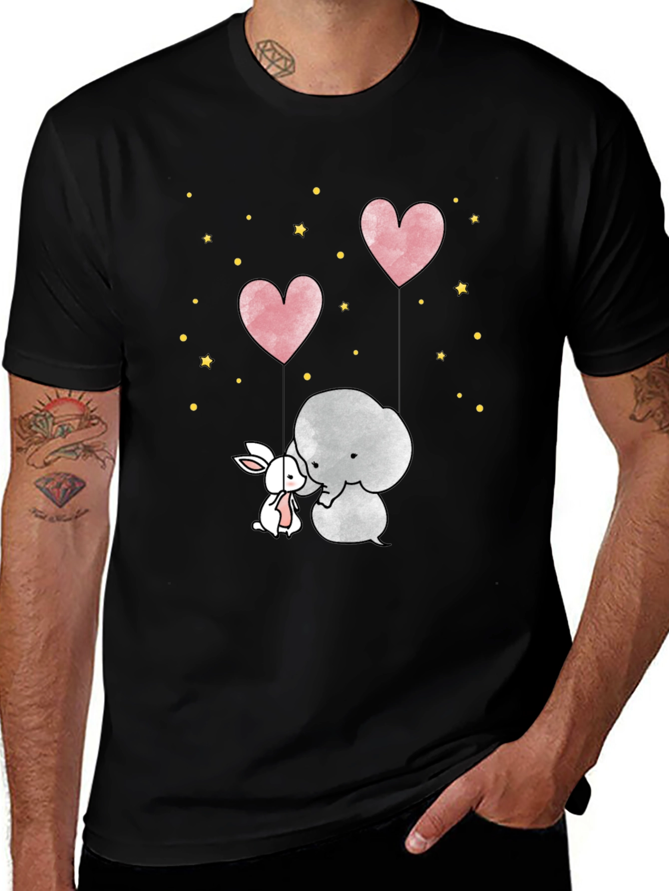 Cute Elephant & Bunny Heart Balloon Black T-Shirt
