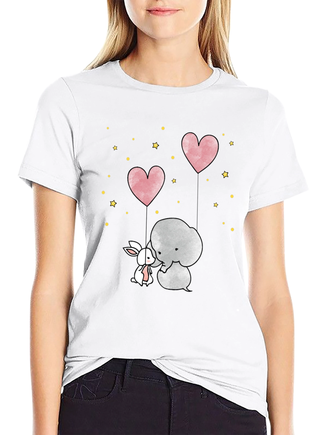 Cute Elephant & Bunny Heart Balloon Black T-Shirt