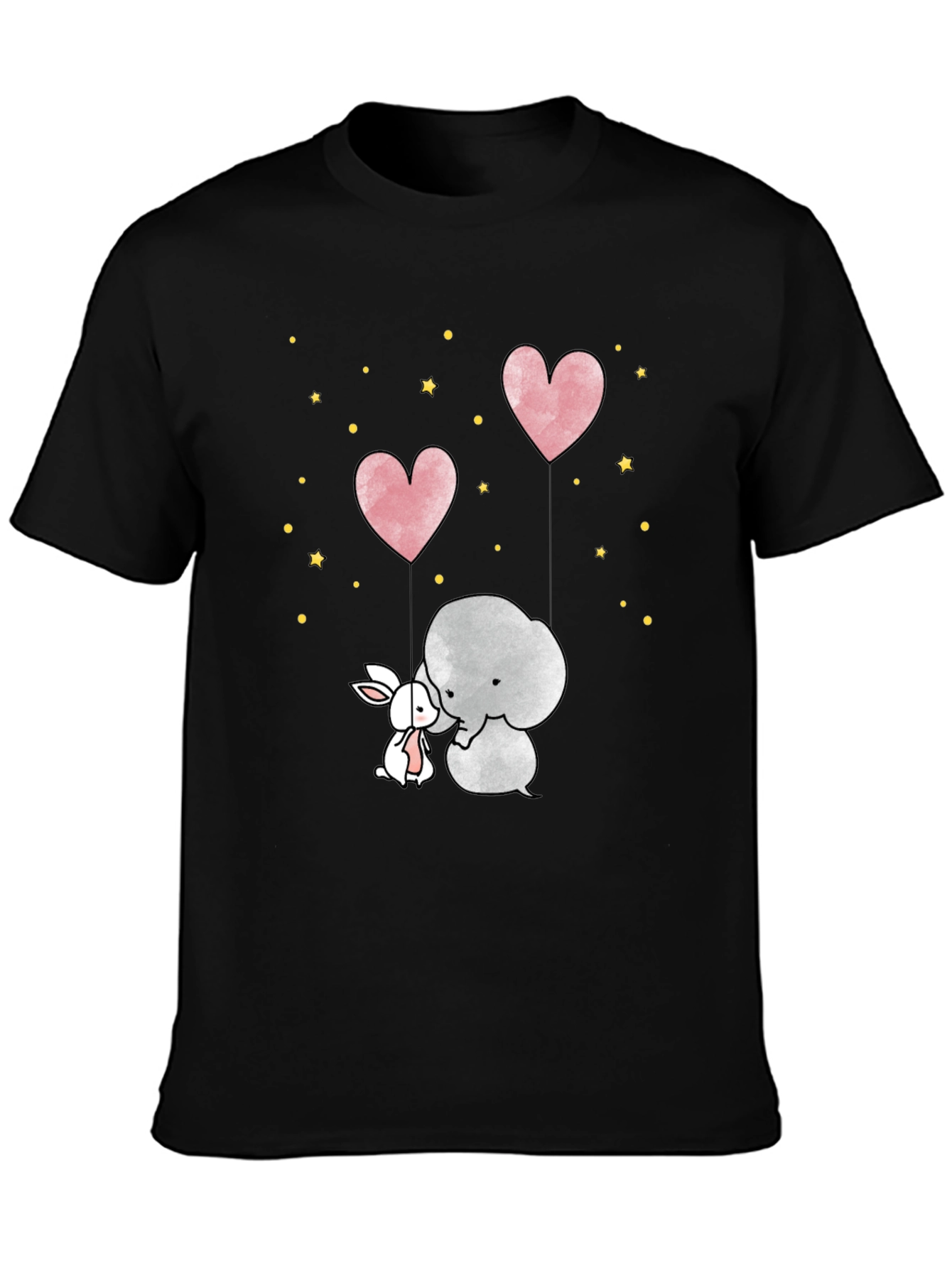 Cute Elephant & Bunny Heart Balloon Black T-Shirt