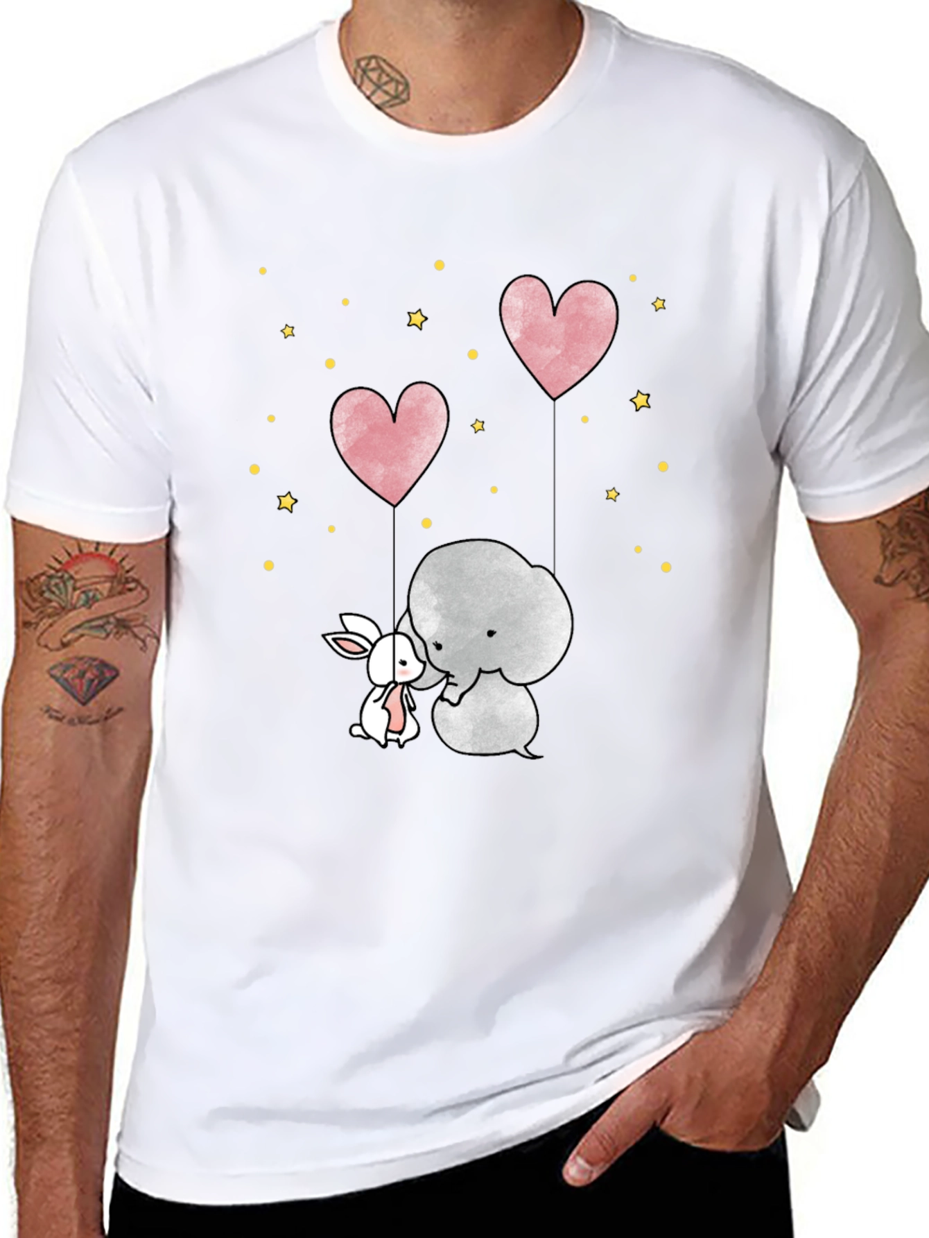 Cute Elephant & Bunny Heart Balloon Black T-Shirt