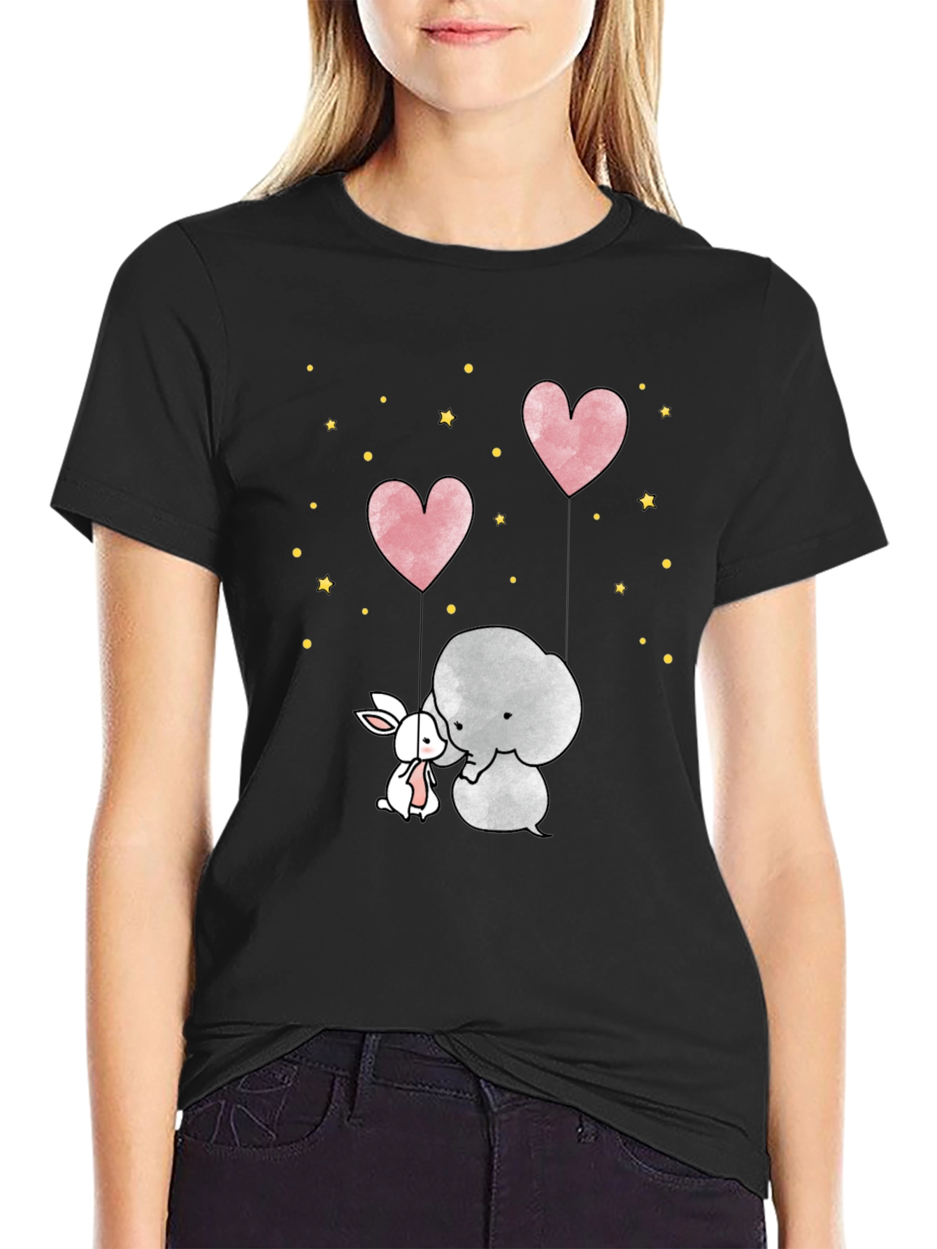 Cute Elephant & Bunny Heart Balloon Black T-Shirt