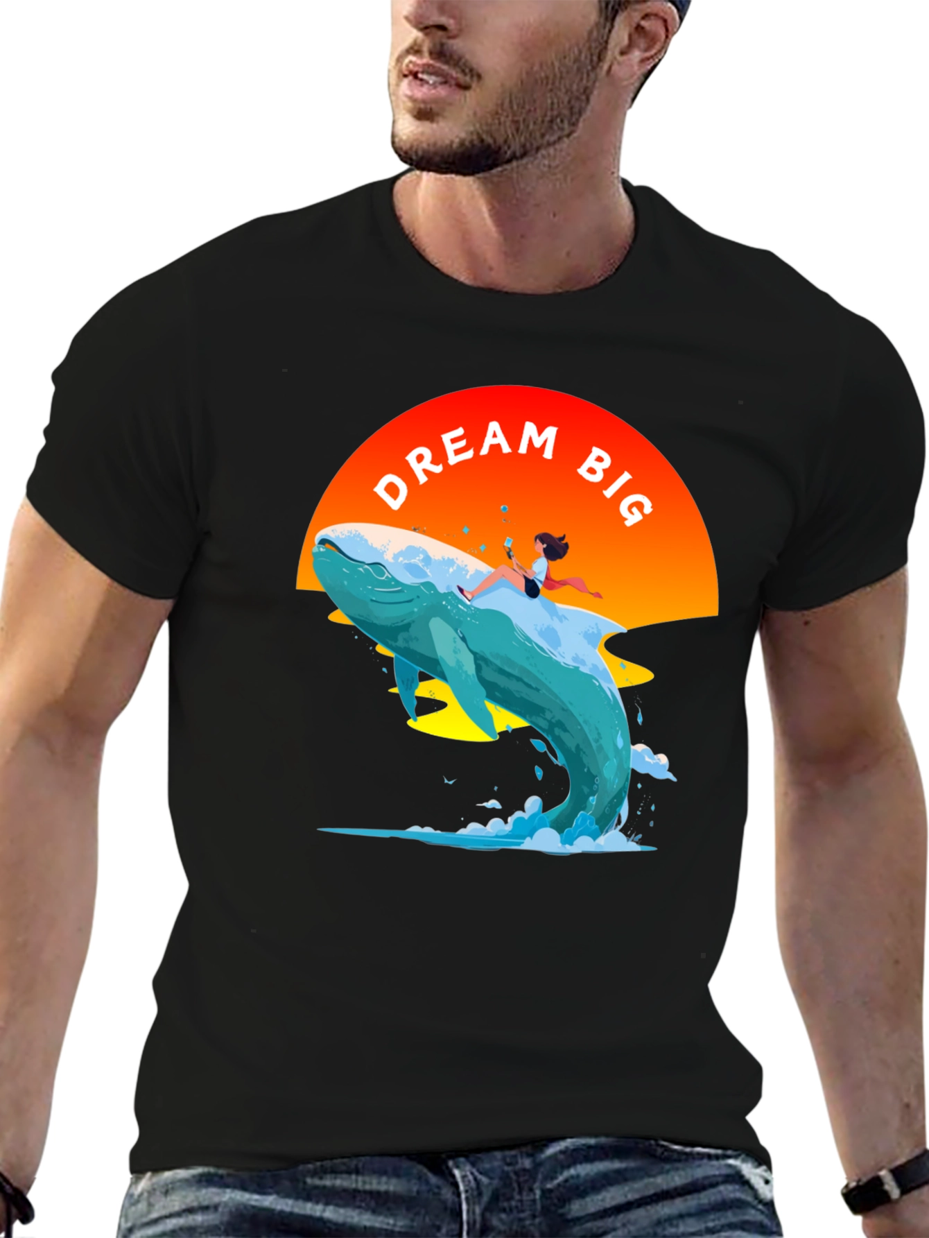 Dream Big Whale Graphic Tee - Black Cotton T-Shirt