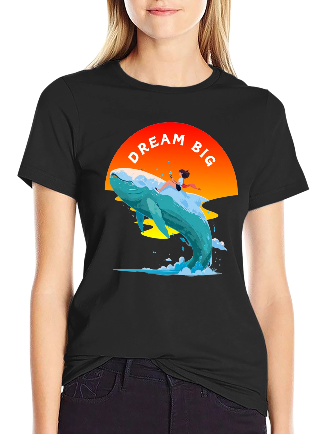 Dream Big Whale Graphic Tee - Black Cotton T-Shirt