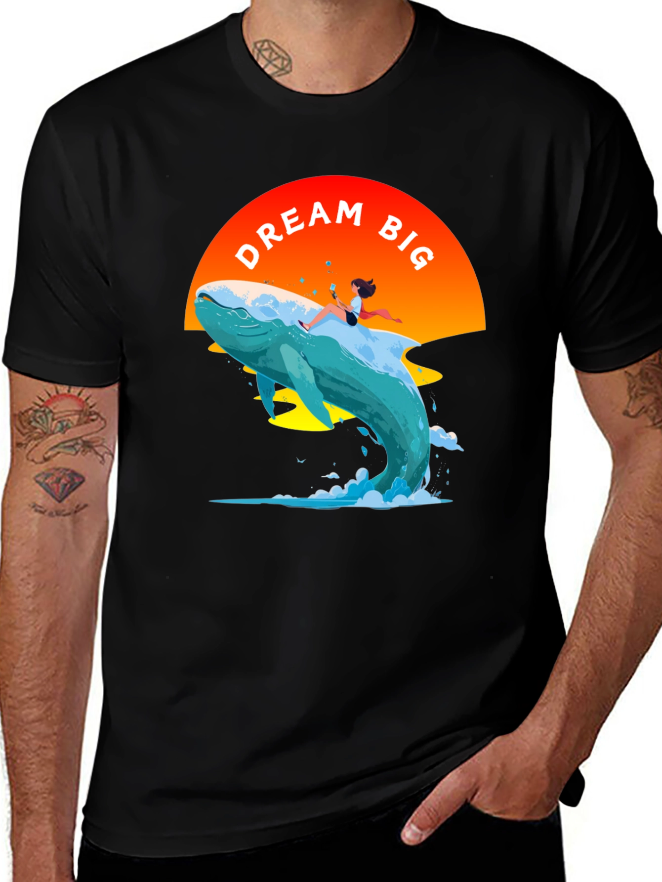 Dream Big Whale Graphic Tee - Black Cotton T-Shirt