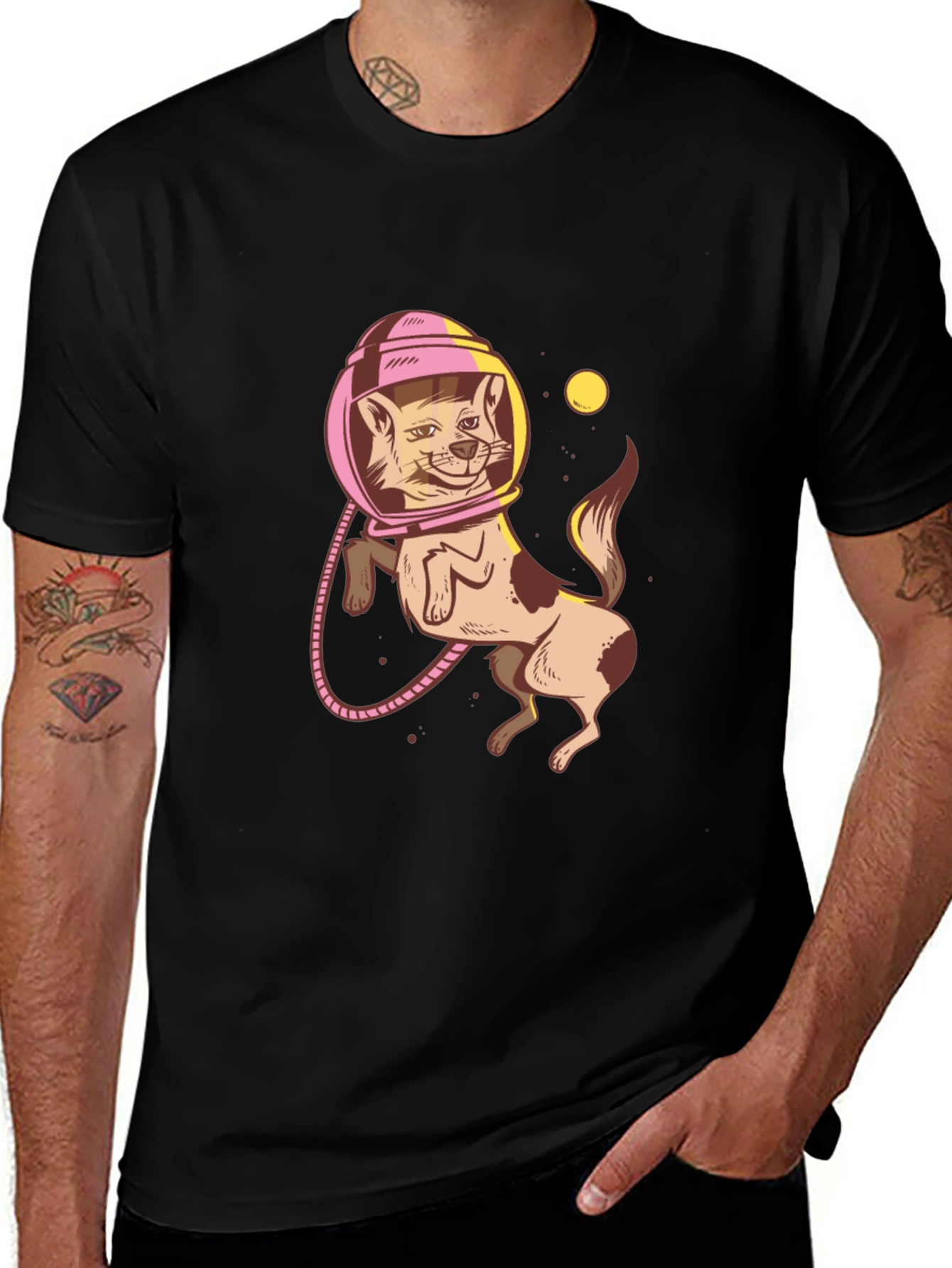 Astronaut Cat Graphic Tee - Trendy Black T-Shirt