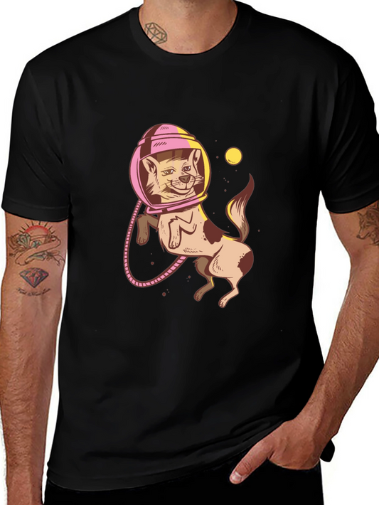 Astronaut Cat Graphic Tee - Trendy Black T-Shirt
