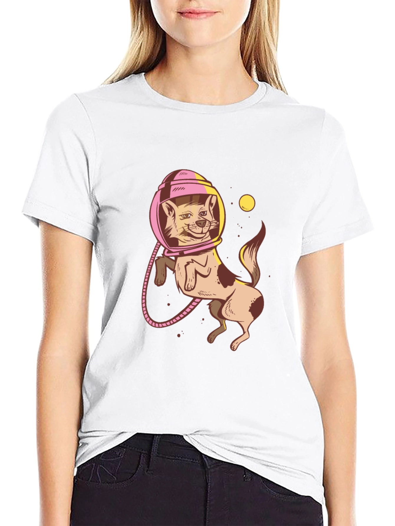 Astronaut Cat Graphic Tee - Trendy Black T-Shirt