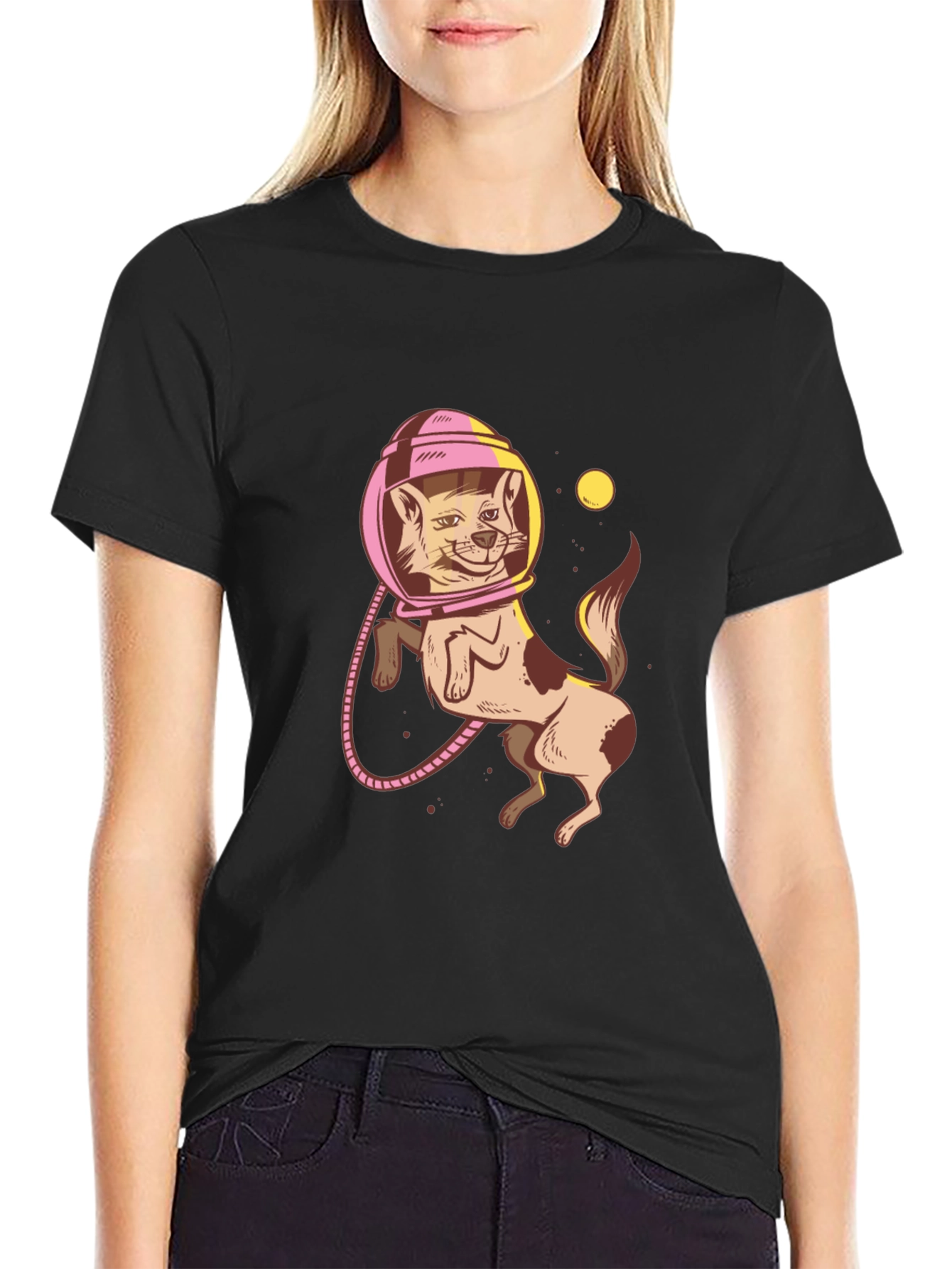 Astronaut Cat Graphic Tee - Trendy Black T-Shirt