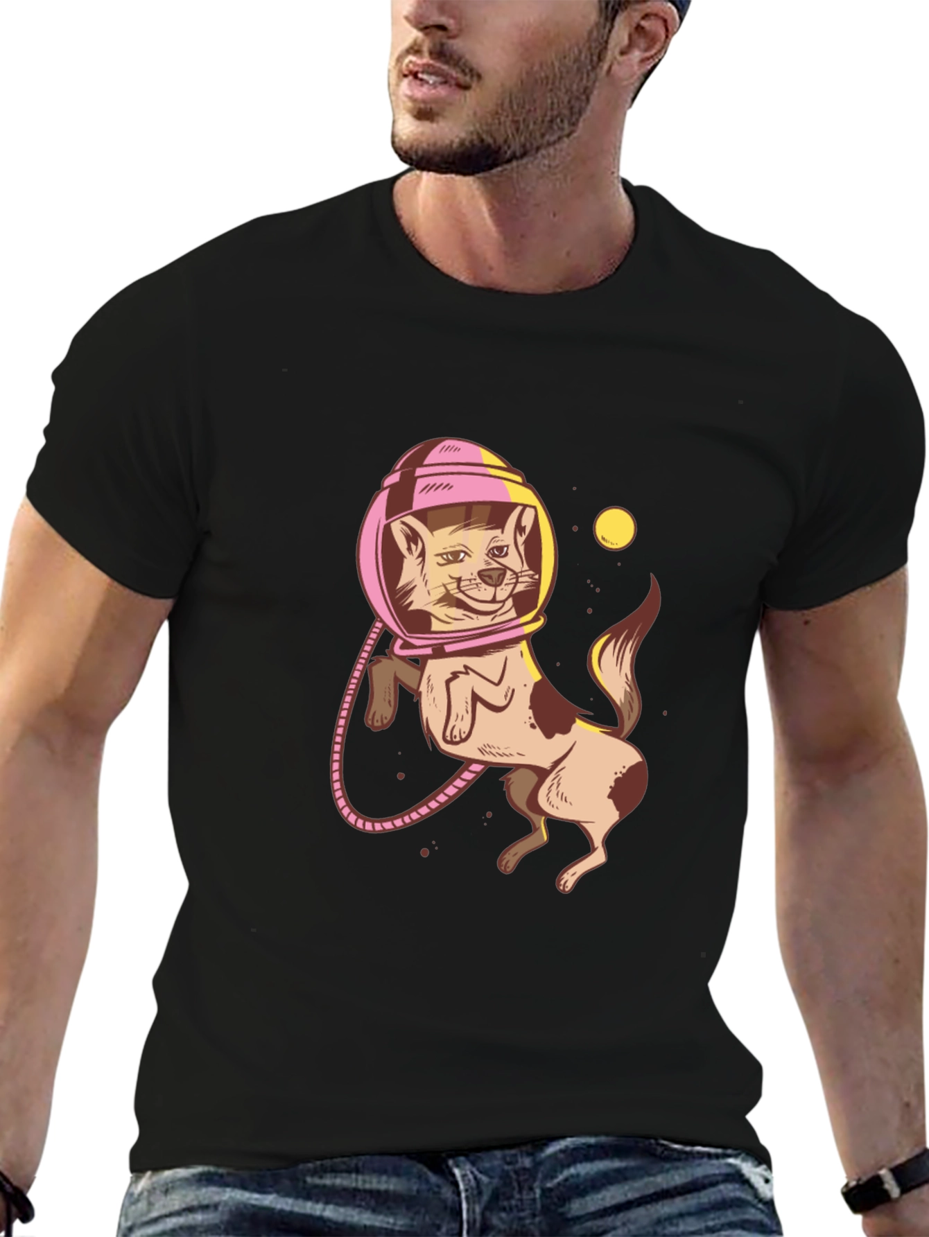 Astronaut Cat Graphic Tee - Trendy Black T-Shirt