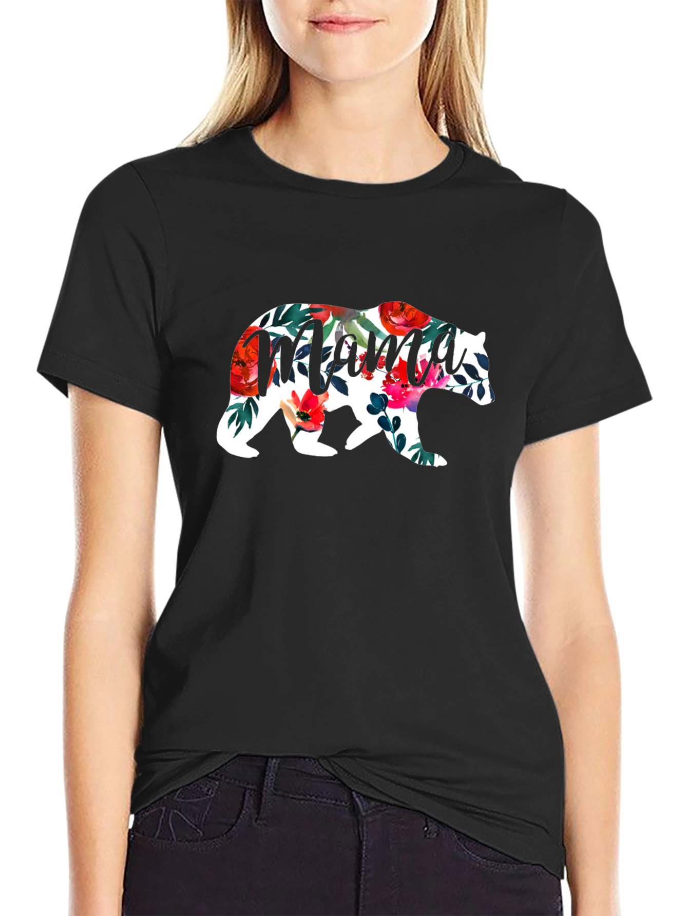 Mama Bear Floral Graphic T-Shirt - Black