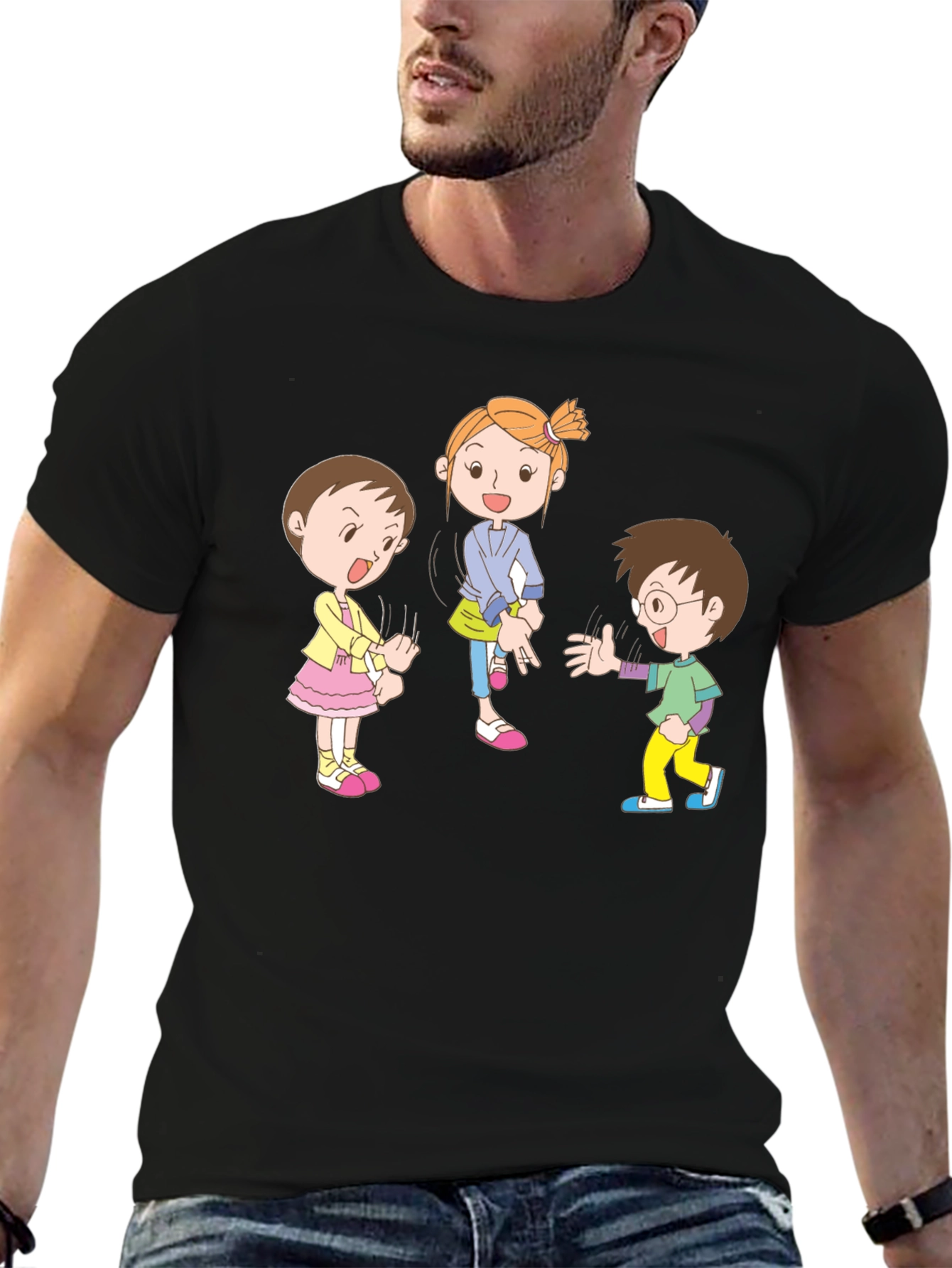 Cartoon Kids Black Cotton Graphic Tee