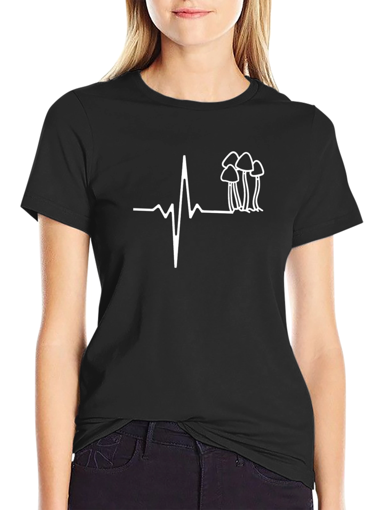 Mushroom Heartbeat Graphic Tee - Casual Black T-Shirt