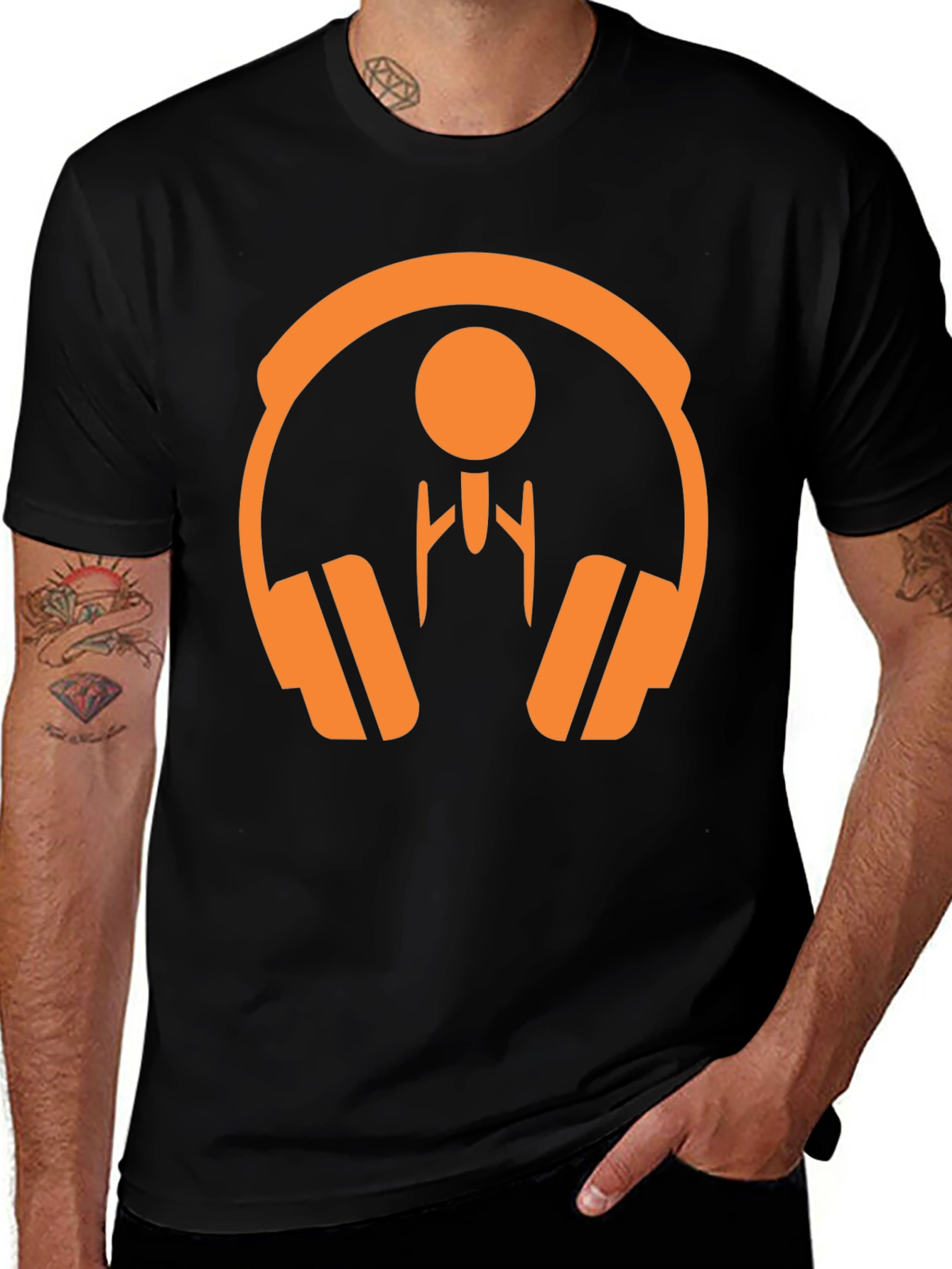 Orange Headphone Graphic Tee - Stylish Black T-Shirt