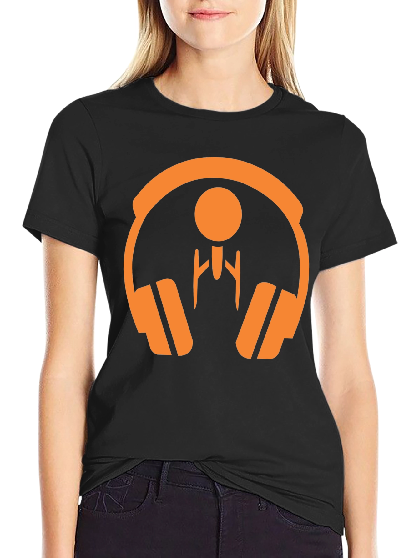 Orange Headphone Graphic Tee - Stylish Black T-Shirt