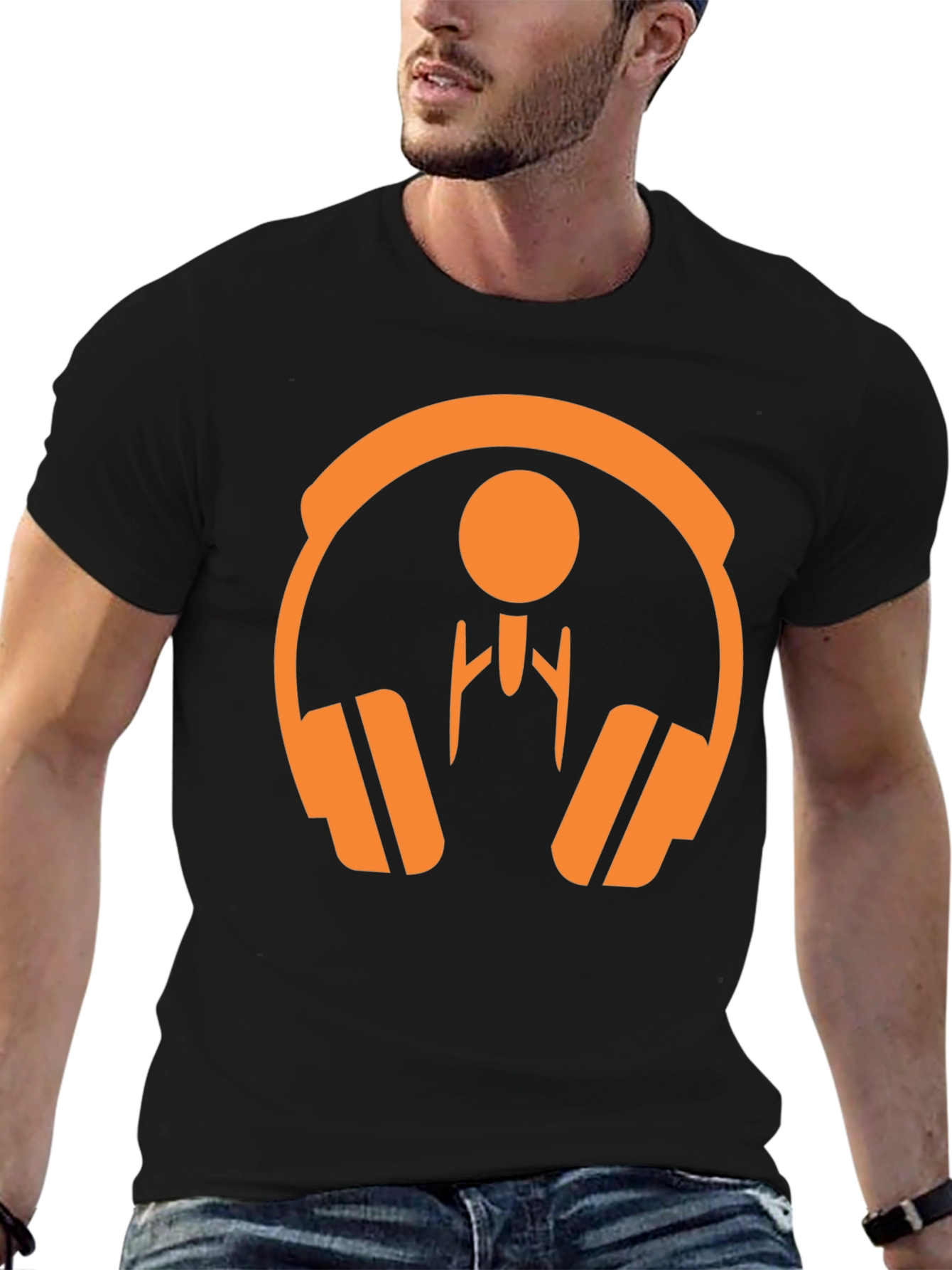 Orange Headphone Graphic Tee - Stylish Black T-Shirt