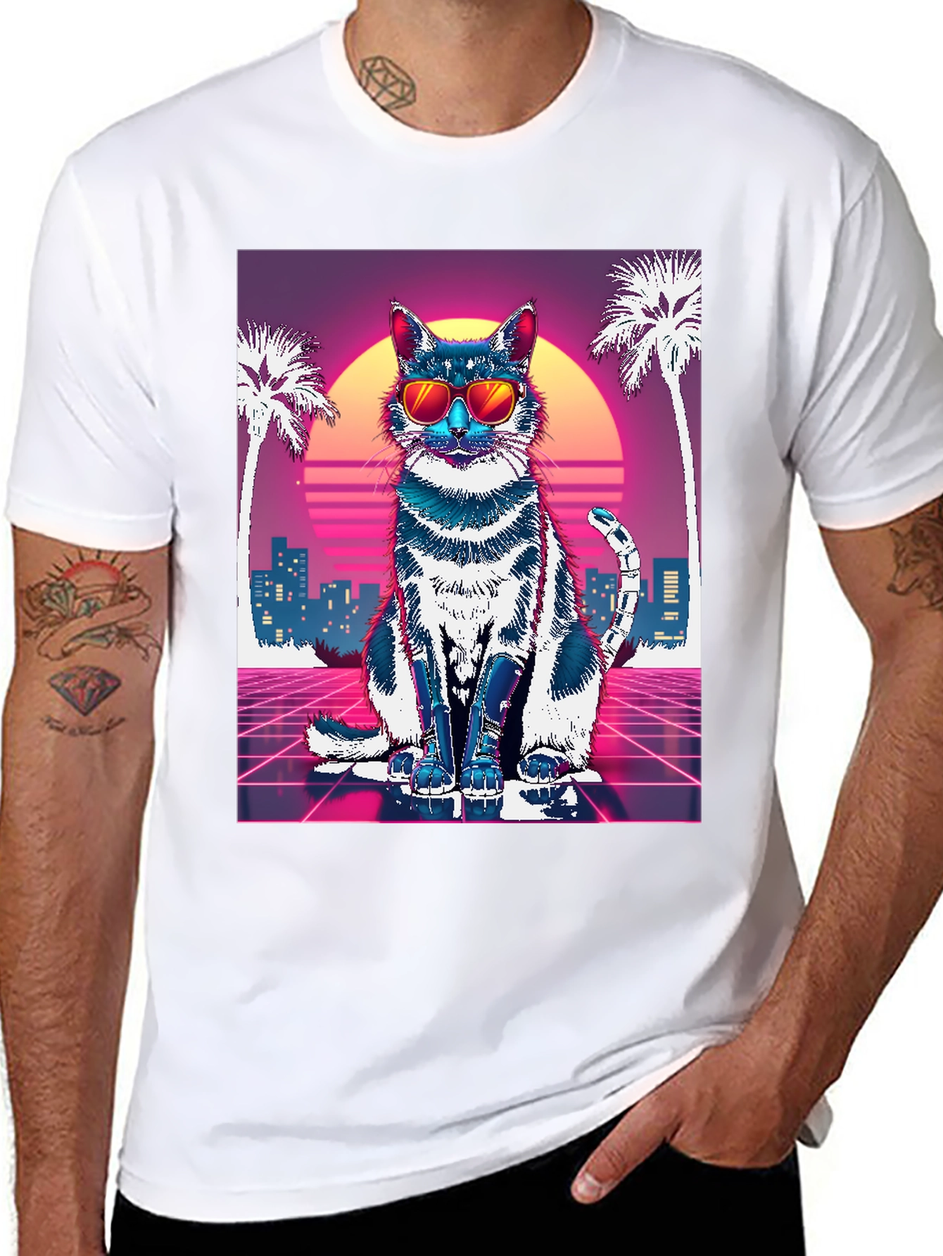 Retro Cat T-Shirt - Synthwave Style