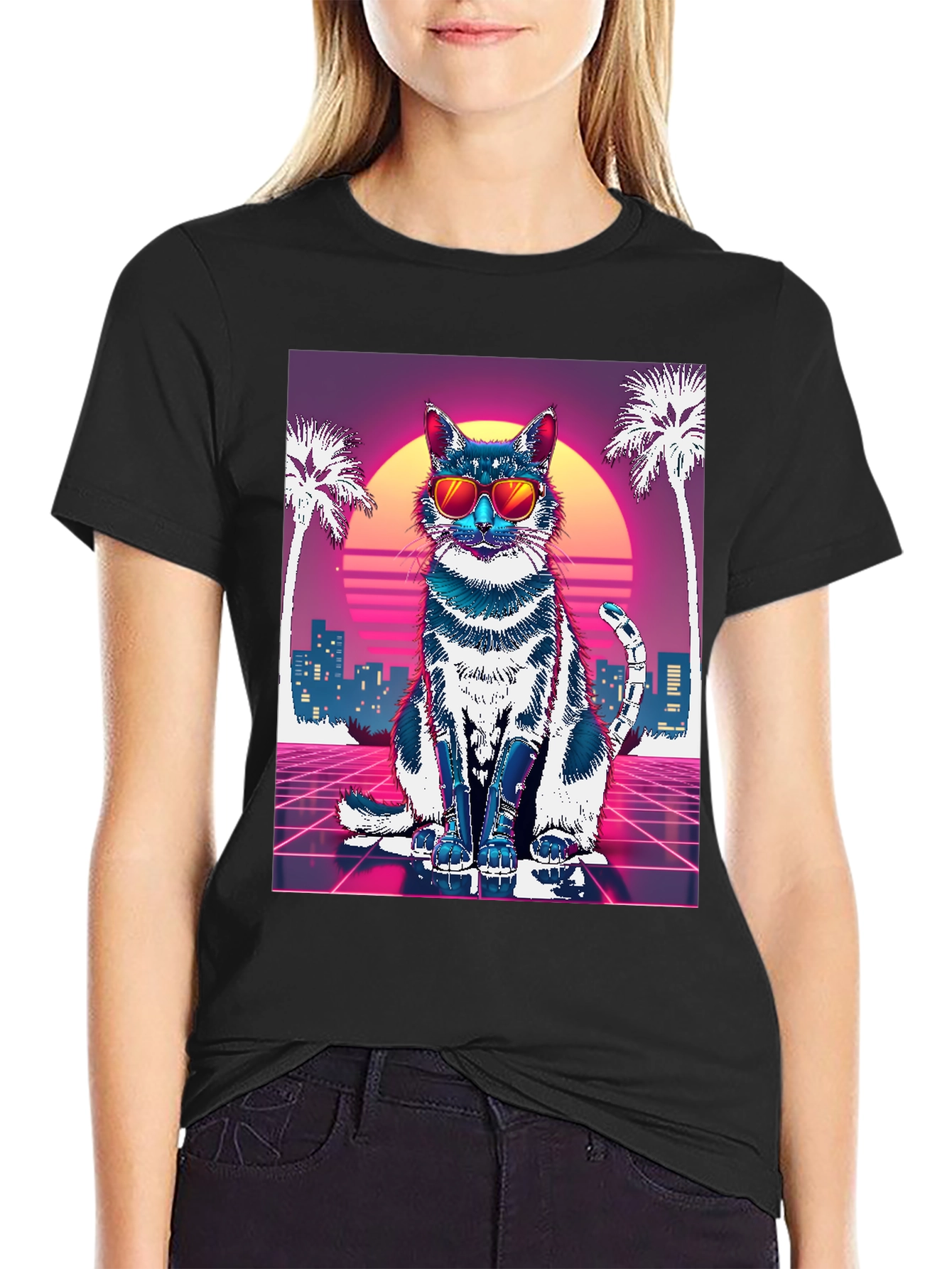Retro Cat T-Shirt - Synthwave Style