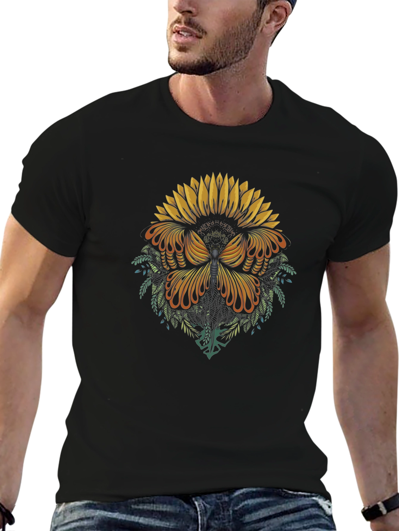Sunflower Butterfly Graphic Tee - Black Cotton Blend